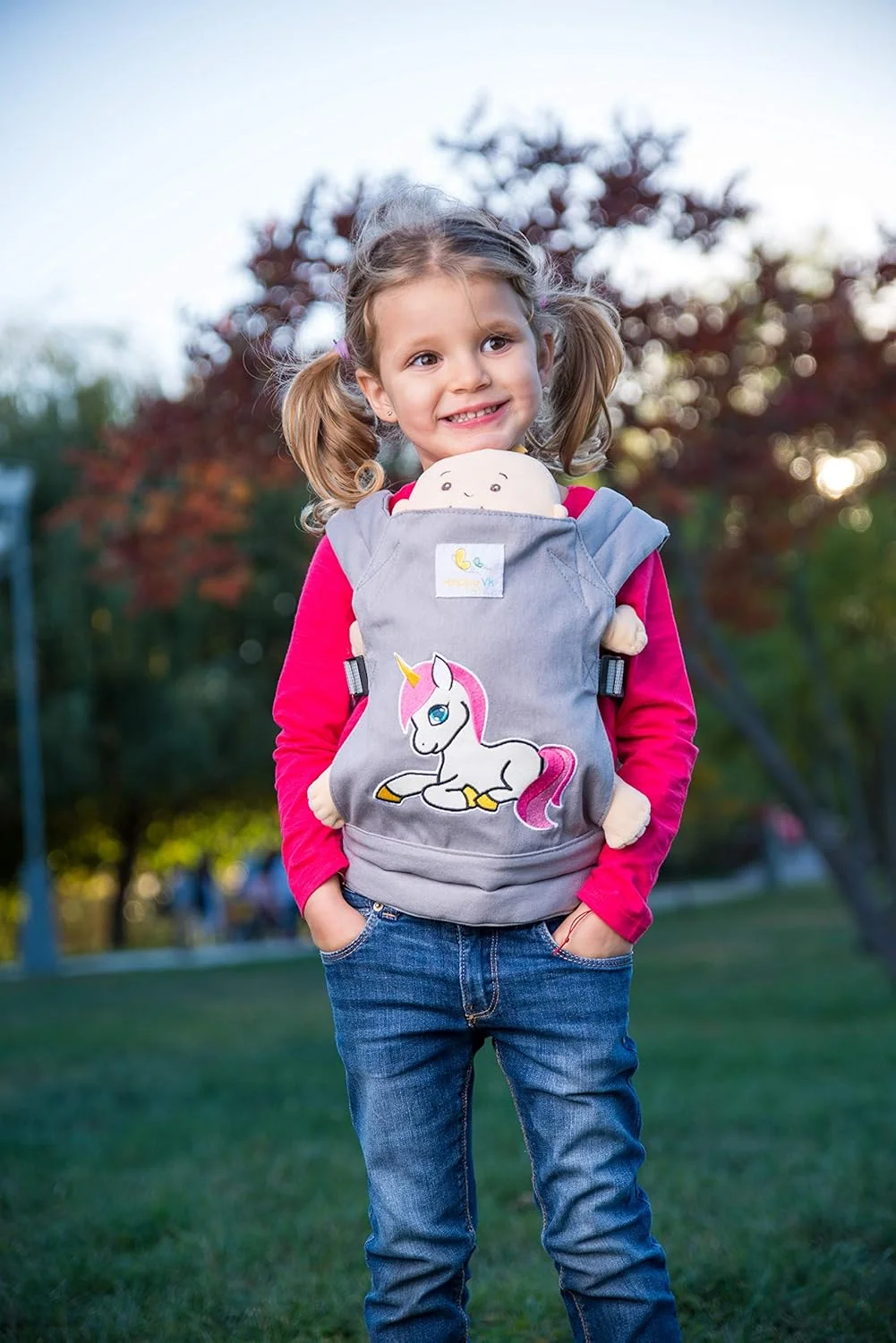 HappyVk- Baby Doll Carrier for Kids- with Cute Unicorn Embroidery. Fits Dolls or Stuffed Animals up to 24 inches, Front and Back (as Backpack Carrier) HappyVk- Baby Doll Carrier for Kids- with Cute Unicorn Embroidery. Fits Dolls or Stuffed Animals up to 24 inches, Front and Back (as Backpack Carrier)