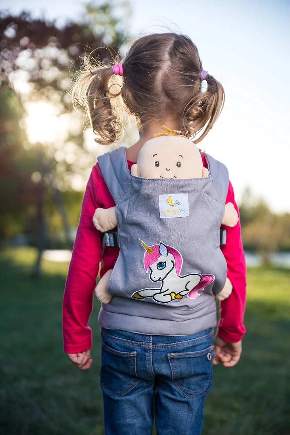 HappyVk- Baby Doll Carrier for Kids- with Cute Unicorn Embroidery. Fits Dolls or Stuffed Animals up to 24 inches, Front and Back (as Backpack Carrier) HappyVk- Baby Doll Carrier for Kids- with Cute Unicorn Embroidery. Fits Dolls or Stuffed Animals up to 24 inches, Front and Back (as Backpack Carrier)