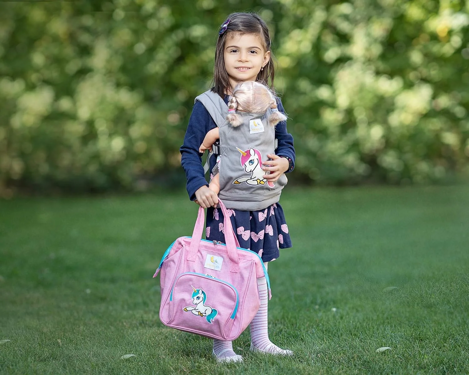 HappyVk- Baby Doll Carrier for Kids- with Cute Unicorn Embroidery. Fits Dolls or Stuffed Animals up to 24 inches, Front and Back (as Backpack Carrier) HappyVk- Baby Doll Carrier for Kids- with Cute Unicorn Embroidery. Fits Dolls or Stuffed Animals up to 24 inches, Front and Back (as Backpack Carrier)