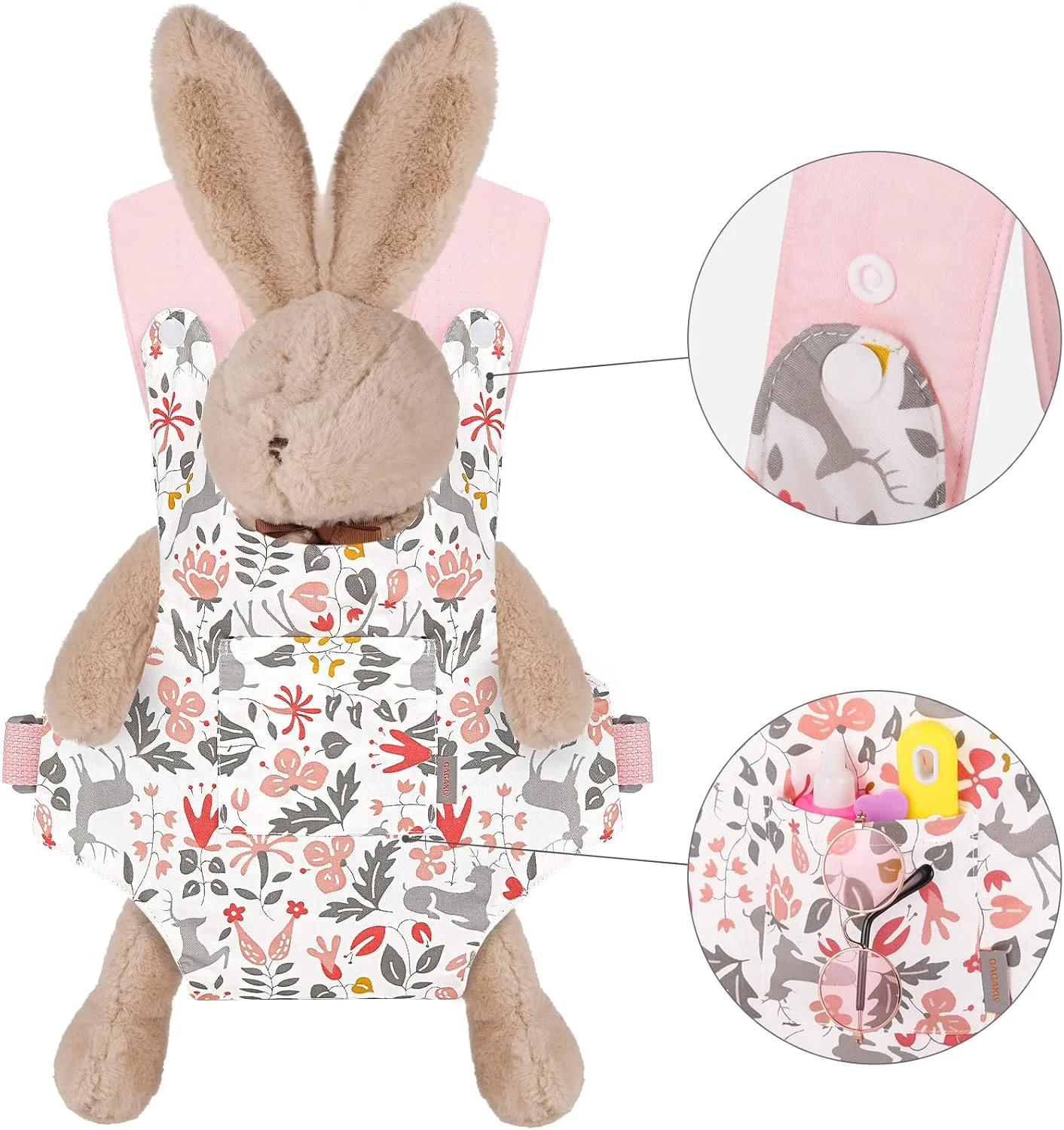 حامل عروسک کودک GAGAKU، قابل استفاده در جلو و پشت، بندهای ضربدری شانه برای حمل اسباب بازی های پولیشی دخترانه، دارای بست دکمه ای - طرح گوزن صورتی حامل عروسک کودک GAGAKU، قابل استفاده در جلو و پشت، بندهای ضربدری شانه برای حمل اسباب بازی های پولیشی دخترانه، دارای بست دکمه ای - طرح گوزن صورتی