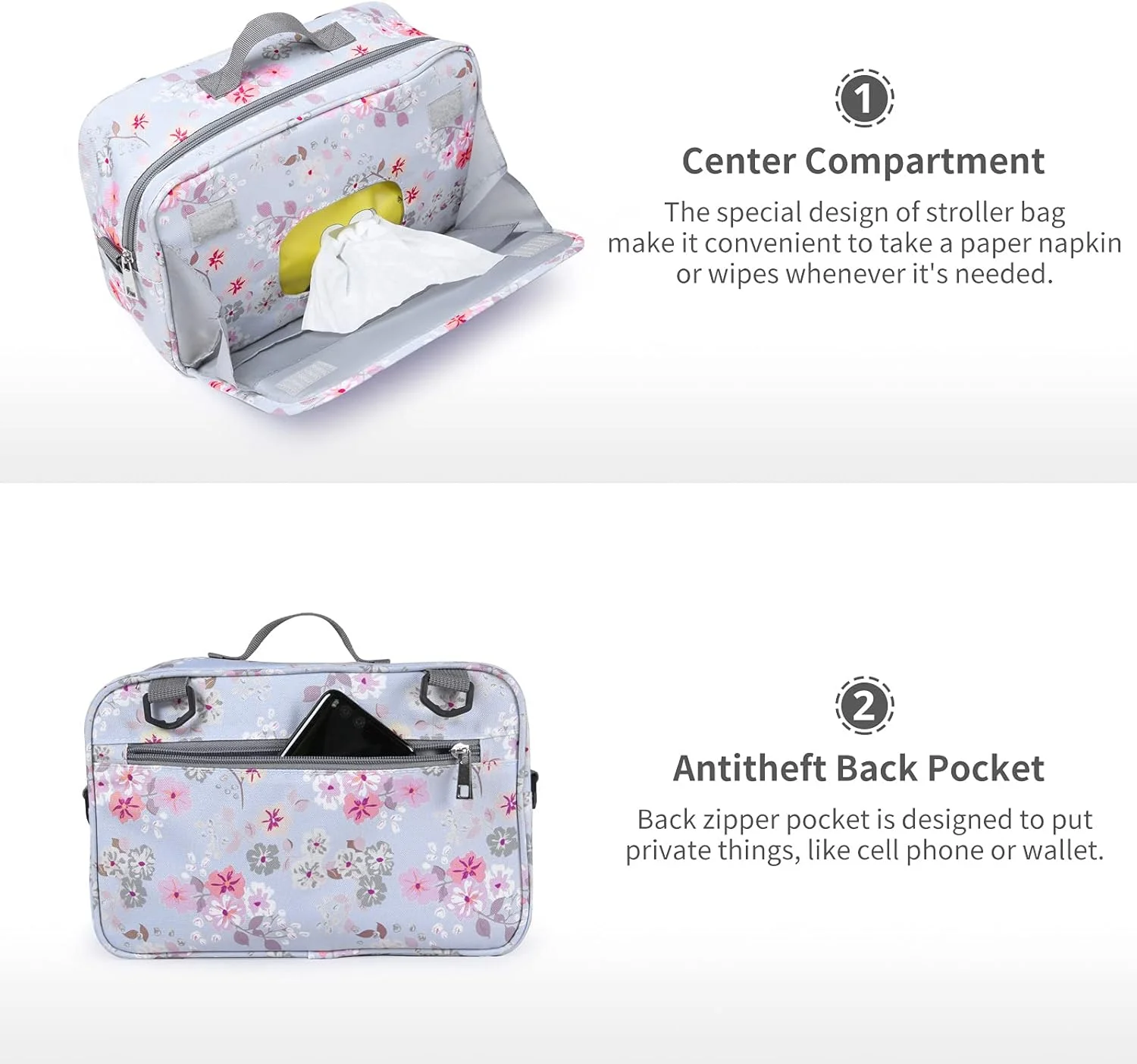 کیف ارگانایزر لوازم کودک گوقوسو با جیب عایق، مناسب برای اکثر کالسکه ها، فضای کافی برای پوشک، دستمال مرطوب و اسباب بازی، طرح گل کیف ارگانایزر لوازم کودک گوقوسو با جیب عایق، مناسب برای اکثر کالسکه ها، فضای کافی برای پوشک، دستمال مرطوب و اسباب بازی، طرح گل