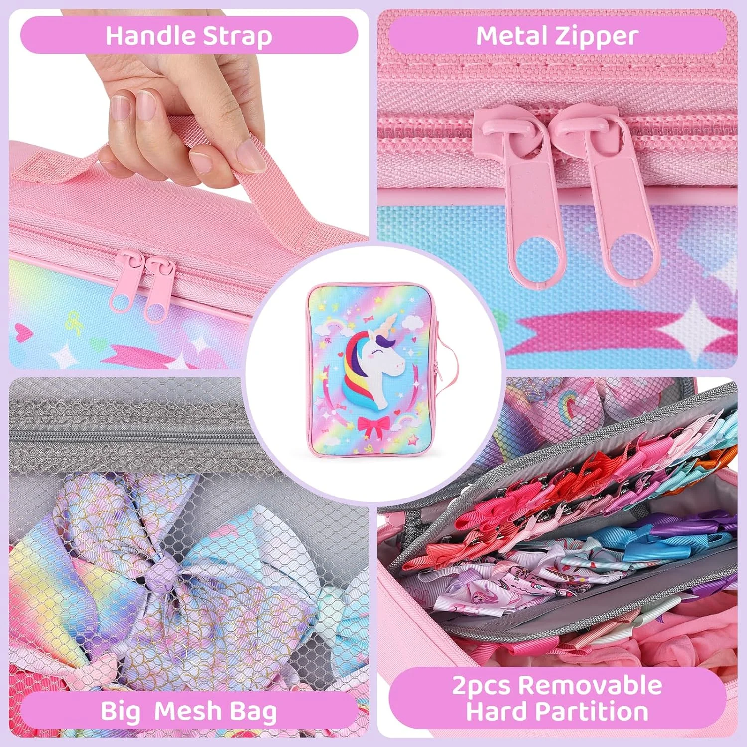 نگهدارنده پاپیون برای دختران، نگهدارنده گیره موی دخترانه، سازمان دهنده جعبه پاپیون تک شاخ صورتی برای لوازم جانبی موی دخترانه نوپا (تک شاخ)