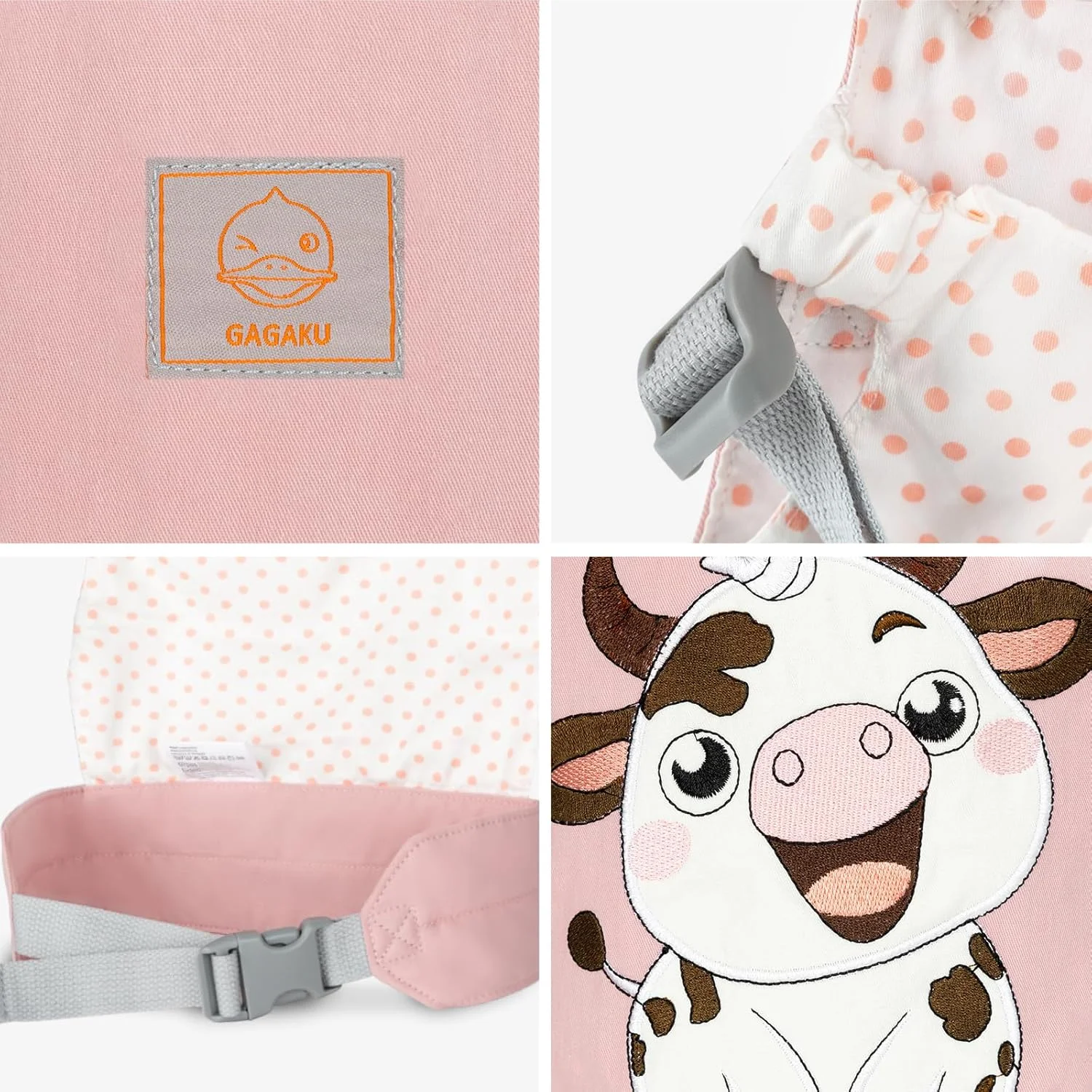 حامل عروسک گاگاکو، حامل اسباب بازی عروسک برای عروسک ها، لوازم جانبی عروسک های نوزادی، طرح گلدوزی حیوانات - گاو صورتی