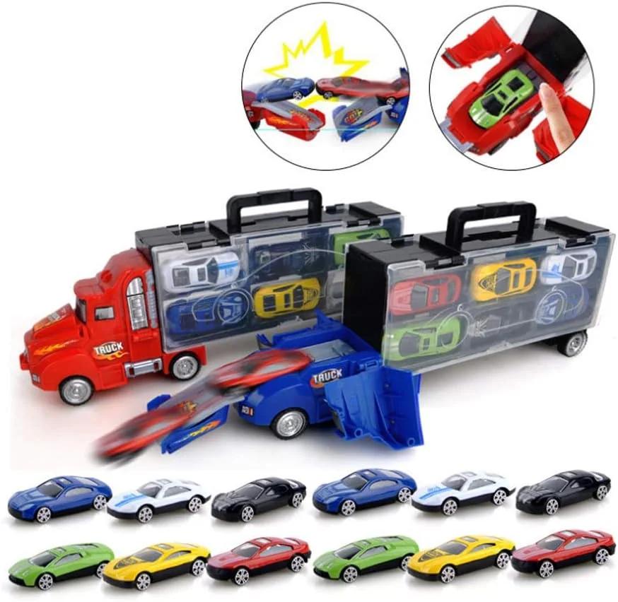 اسباب بازی کامیون حمل ماشین DobuyMall برای پسران و دختران 3 تا 10 ساله - کامیون حمل کننده شامل 12 ماشین اسباب بازی و لوازم جانبی - هدیه ایده آل برای کودکان (قرمز)