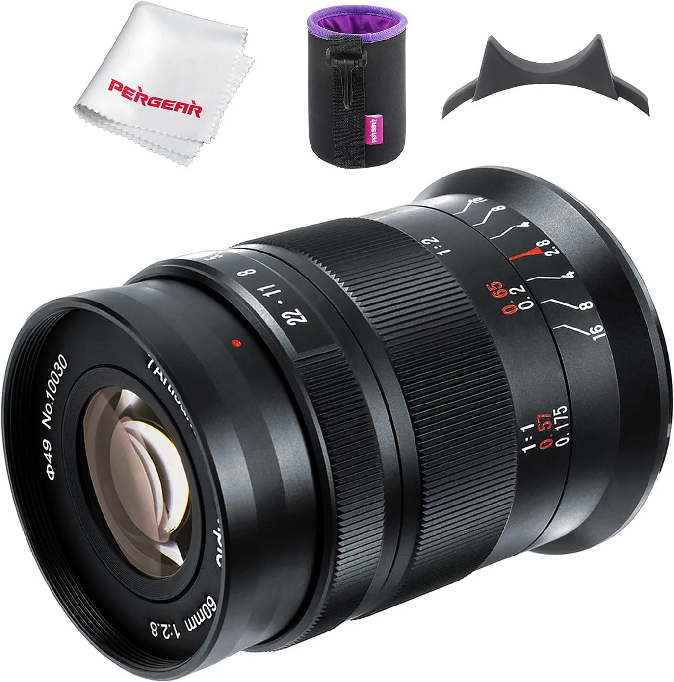 لنز ماکرو 60 میلی‌متری F2.8 سونی 7artisans به همراه دستمال Pergear، لنز ثابت با فوکوس دستی APS-C برای دوربین‌های بدون آینه Sony E-Mount به همراه کیف لنز و آچار فوکوس، مشکی