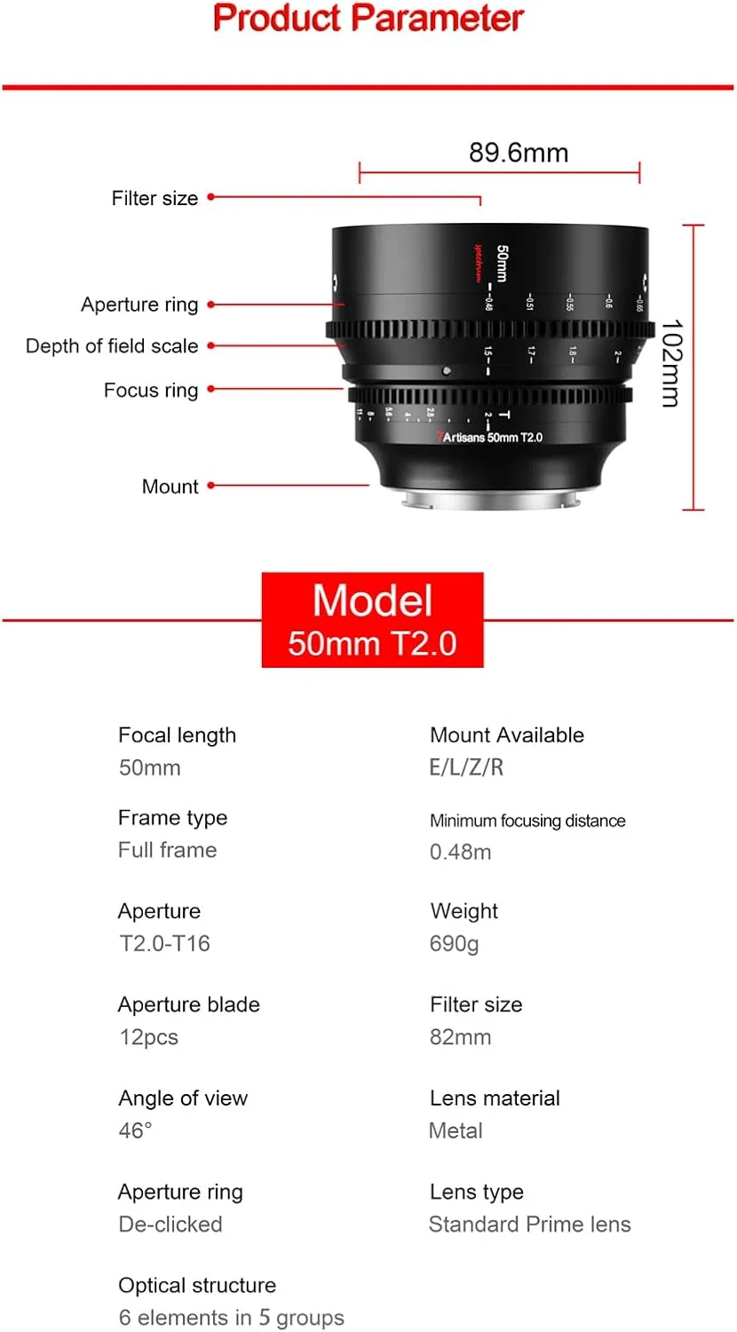 لنز سینمایی 7artisans 50mm T2.0 لنز پرایم فول فریم با دهانه طیفی بدون کلیک برای Canon EOS-R لنز سینمایی 7artisans 50mm T2.0 لنز پرایم فول فریم با دهانه طیفی بدون کلیک برای Canon EOS-R