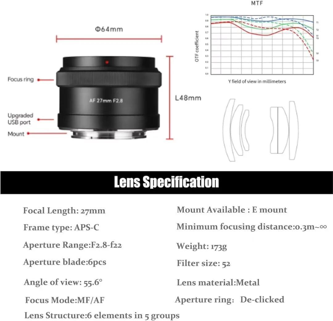 لنز دوربین 7artisans 27mm F2.8 با فوکوس خودکار برای فوجی X Mount، APS-C، دیافراگم بزرگ، پرایم، لنزهای دوربین STM AF برای سری های Fuji X-H,X-T,X-S,X-PRO,X-E,X-A، X-H1,X-H2,X-H2S,X-T5,X-T4,X-T3,X-T50,X-T30