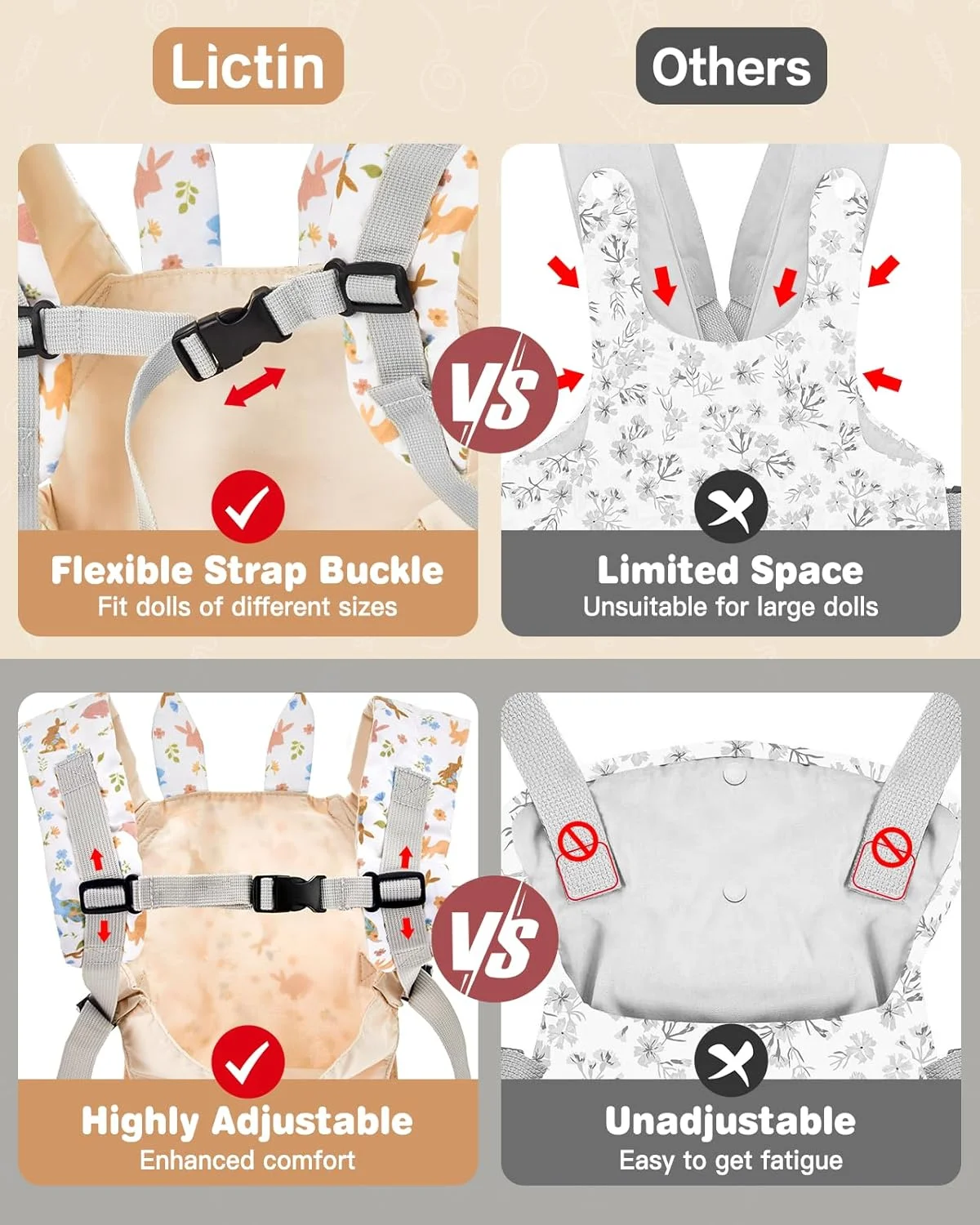 Lictin Baby Doll Carrier, Front and Back Doll Accessories Carrier for Little Girls, with Adjustable Straps for Stuffed Animal Reborn Baby Doll Lictin Baby Doll Carrier, Front and Back Doll Accessories Carrier for Little Girls, with Adjustable Straps for Stuffed Animal Reborn Baby Doll