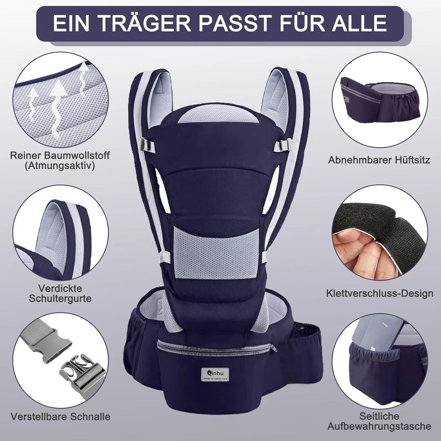 آغوشی نوزاد Lohofrnny، آغوشی چند منظوره ارگونومیک برای نوزادان 0-36 ماهه، آغوشی همه کاره کودک با نشیمنگاه، صندلی قابل تنظیم، آغوشی نوزاد با 6 حالت حمل برای نوزادان (آبی تیره)