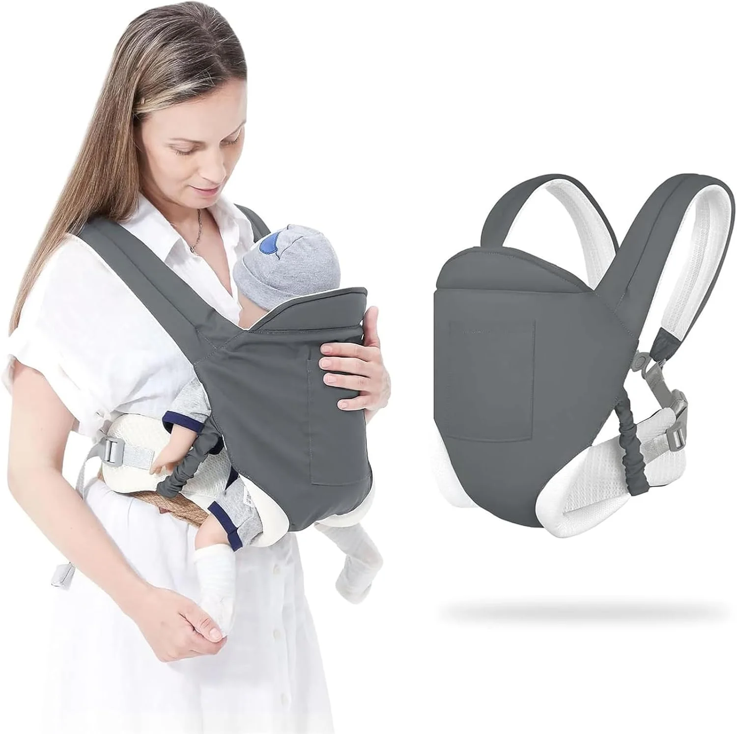 آغوشی کودک MOTIM، اسلینگ نوزاد قفسه سینه جلو با بندهای دوتایی و حمل بدون دست برای مسافرت، خرید و انجام کارهای خانه مادر، مناسب برای کودکان 3 تا 36 ماهه، قابل استفاده در تمام فصول (خاکستری تیره)