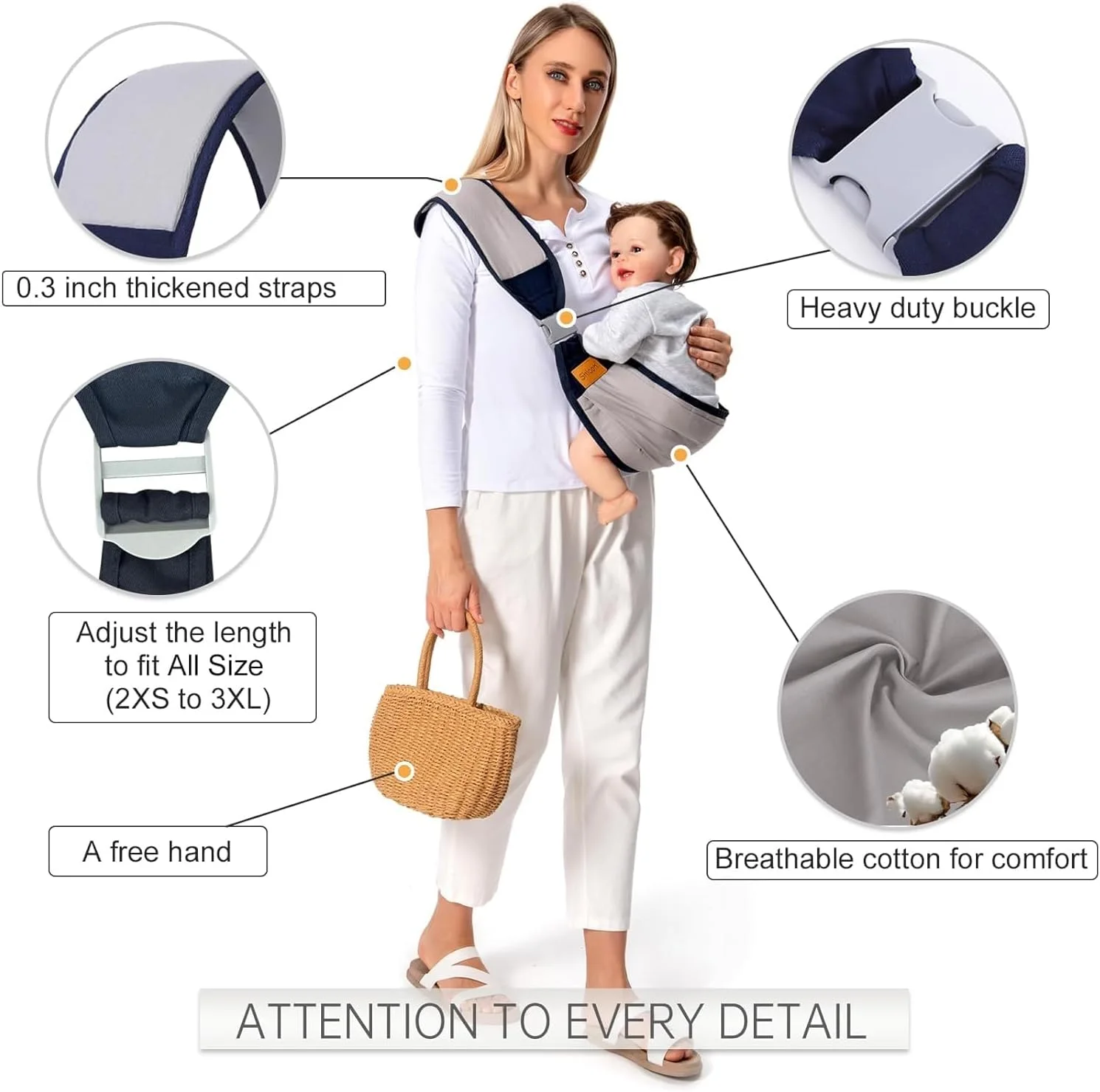 آغوشی نوزاد MostNow، بند ارگونومیک نوزاد، شانه بند پلی استر صرفه جویی در کار، آغوشی نیمه پیچیده قابل تنظیم سه بعدی، بند شانه ای برای استخر و ساحل (خاکستری)