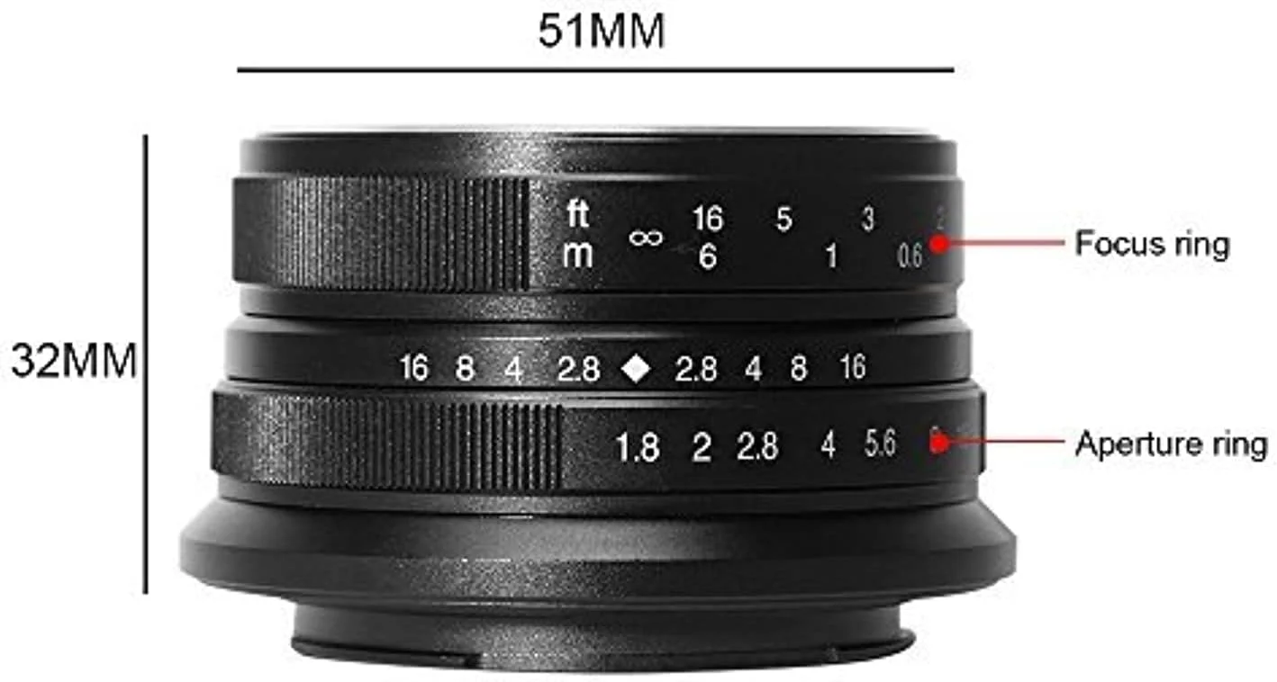 7Artisans 25mm F1.8 Aps-C Manual Focus Fixed Lens Compatible With Fujifilm Fuji Cameras X-A1 X-A10 X-A2 X-A3 X-At X-M1 Xm2 X-T1 X-T10 X-T2 X-T20 X-Pro1 X-Pro2 X-E1 X-E2 X-E2S - Black