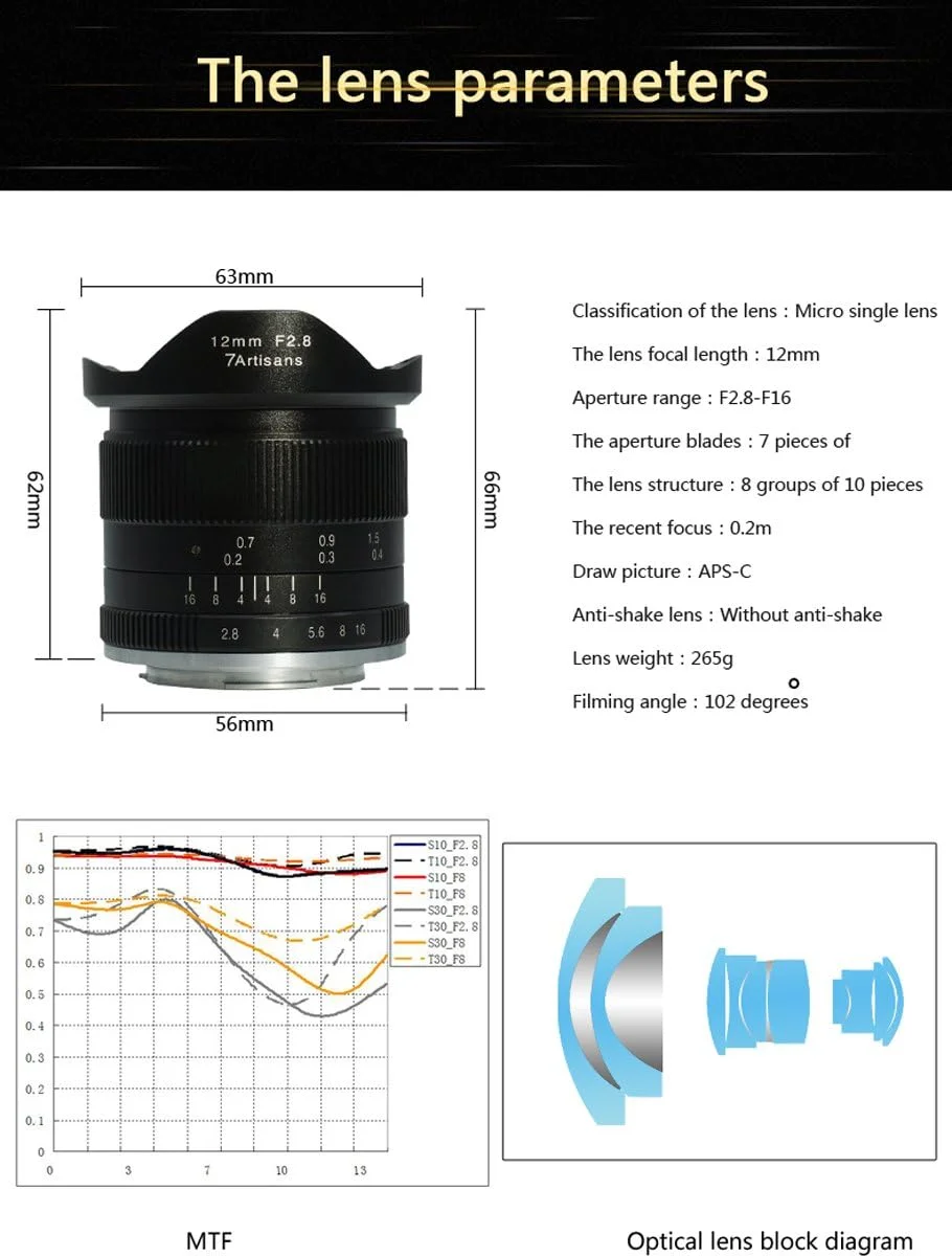 لنز زاویه باز فوق العاده 7artisans 12mm f2.8 برای دوربین های بدون آینه سونی با مانت E و حسگر APS-C مدل های A6500 A6300 A6000 A6500 A6300 A7 لنز پرایم ثابت با فوکوس دستی
