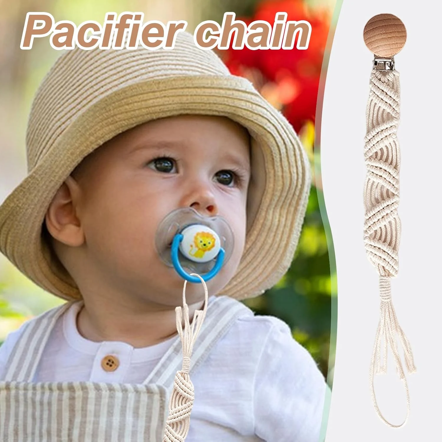 گیره پستانک، نگهدارنده پستانک پنبه ای انعطاف پذیر - گیره طناب پنبه ای دست ساز برای کودکان نوپا، دختران، کودکان چوبی بوهو، برای اتصال به شیشه شیر