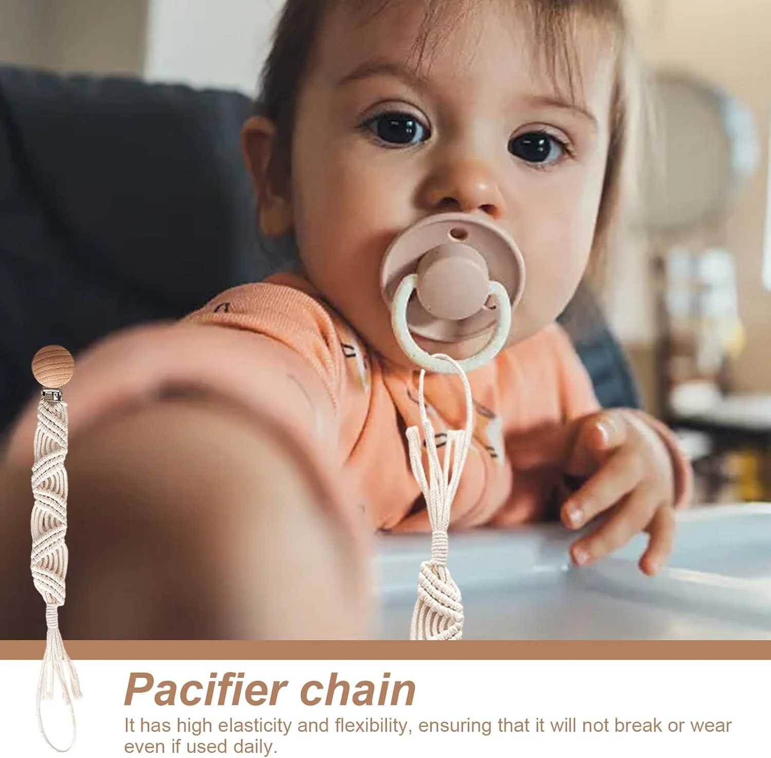 گیره پستانک، نگهدارنده پستانک پنبه ای انعطاف پذیر - گیره طناب پنبه ای دست ساز برای کودکان نوپا، دختران، کودکان چوبی بوهو، برای اتصال به شیشه شیر