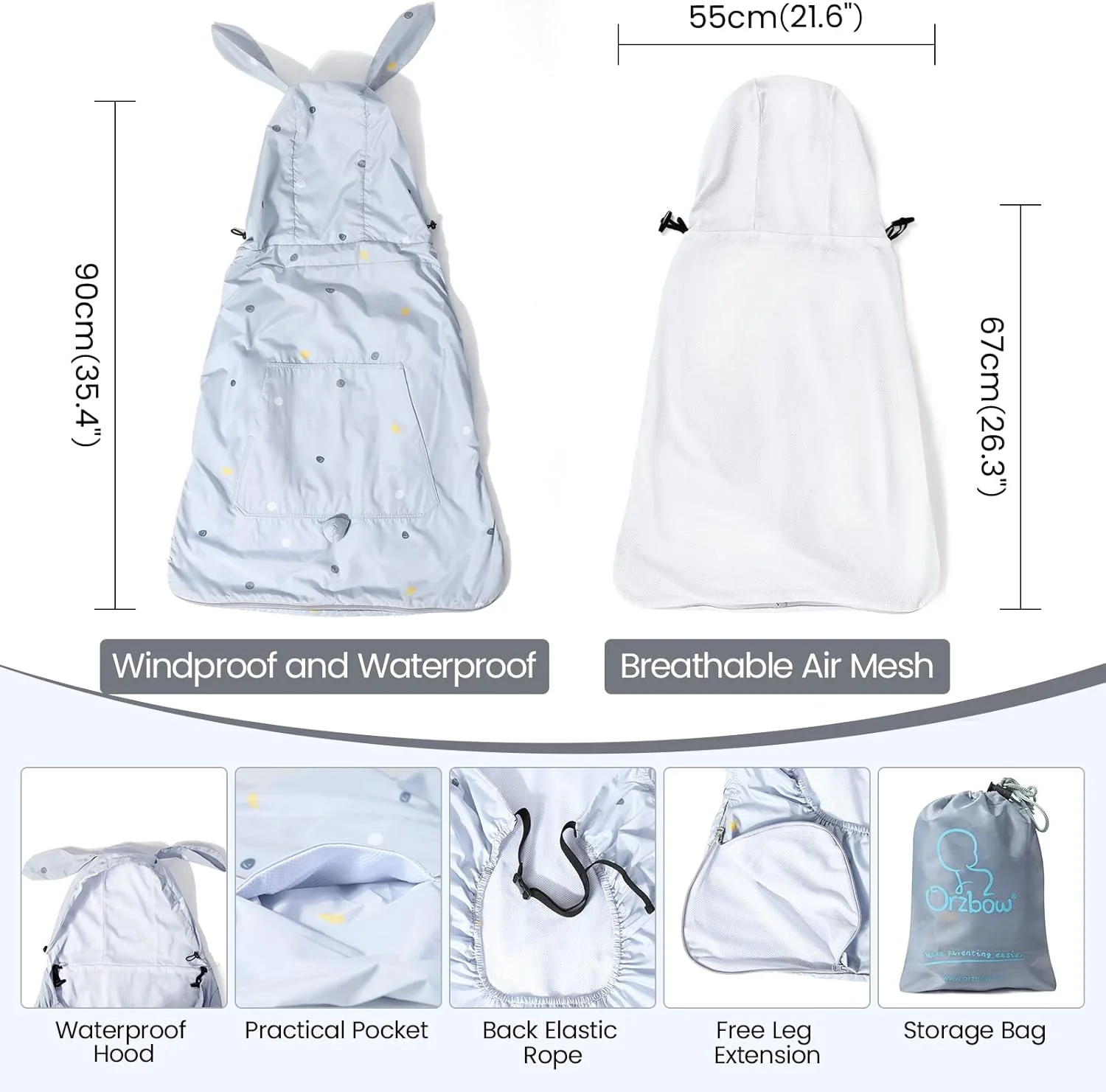 کاور حمل نوزاد جهانی Orzbow مناسب فصل پاییز، ضد آب و ضد باد، کاور بارانی حامل نوزاد با قابلیت تنفس به همراه سایبان، کاور آغوشی نوزاد با کلاه و زیپ مناسب فصل بهار، پاییز و تابستان (خرگوش خاکستری)