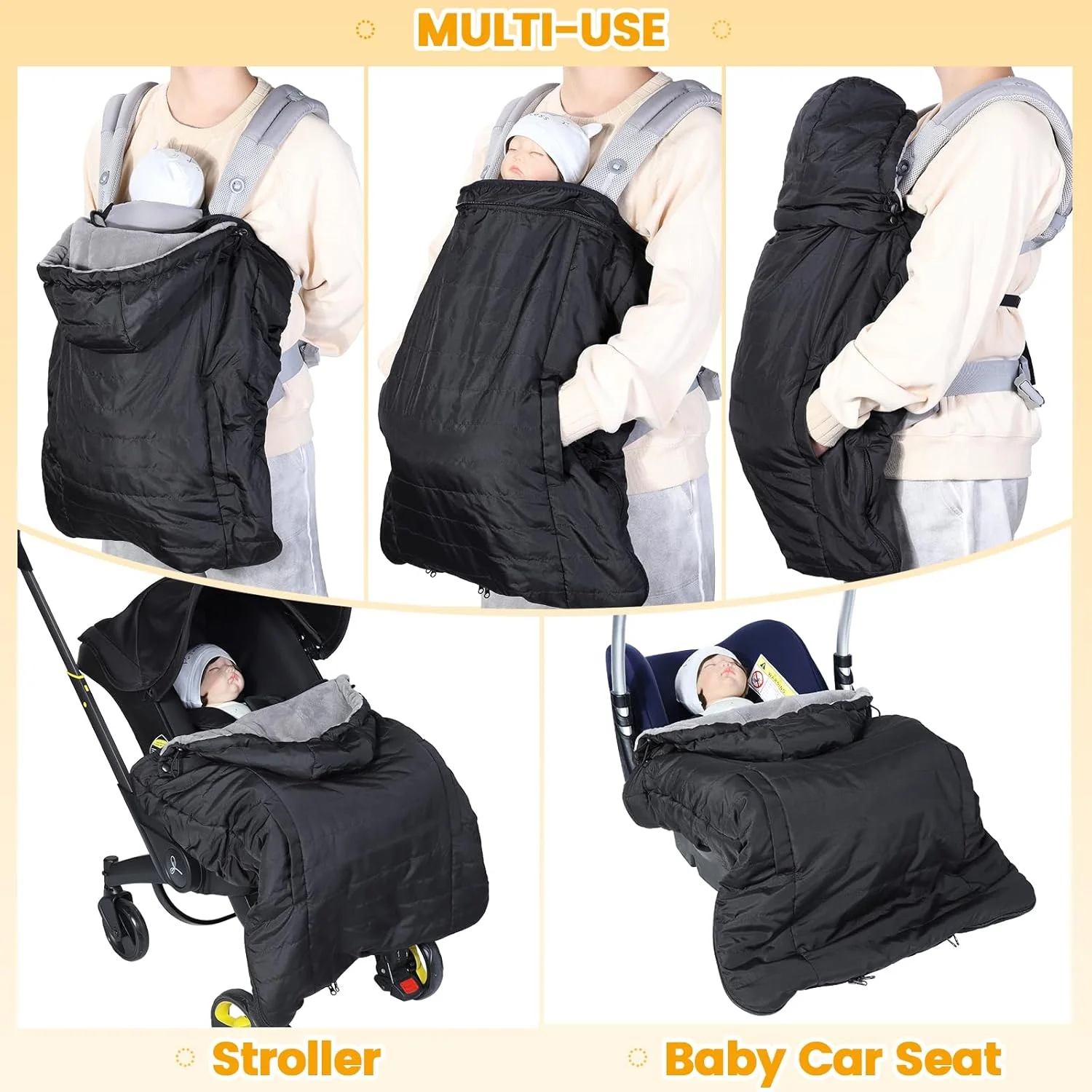 Orzbow Winter Baby Carrier Cover with Detachable Hood, Waterproof & Windproof, Universal for Baby Carriers and Baby Waist Stool, Baby Bunting Bag for Car Seats and Strollers with Storage Bag, Black Orzbow Winter Baby Carrier Cover with Detachable Hood, Waterproof & Windproof, Universal for Baby Carriers and Baby Waist Stool, Baby Bunting Bag for Car Seats and Strollers with Storage Bag, Black