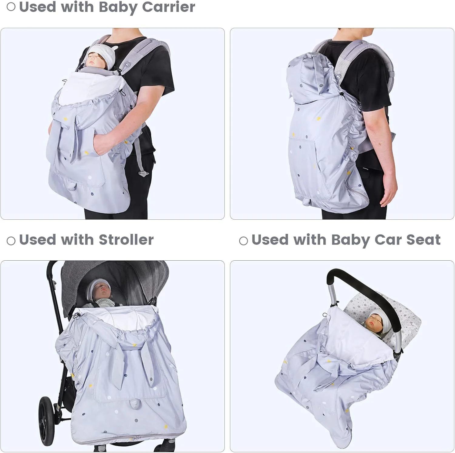 کاور حمل نوزاد جهانی Orzbow مناسب فصل پاییز، ضد آب و ضد باد، کاور بارانی حامل نوزاد با قابلیت تنفس به همراه سایبان، کاور آغوشی نوزاد با کلاه و زیپ مناسب فصل بهار، پاییز و تابستان (خرگوش خاکستری)