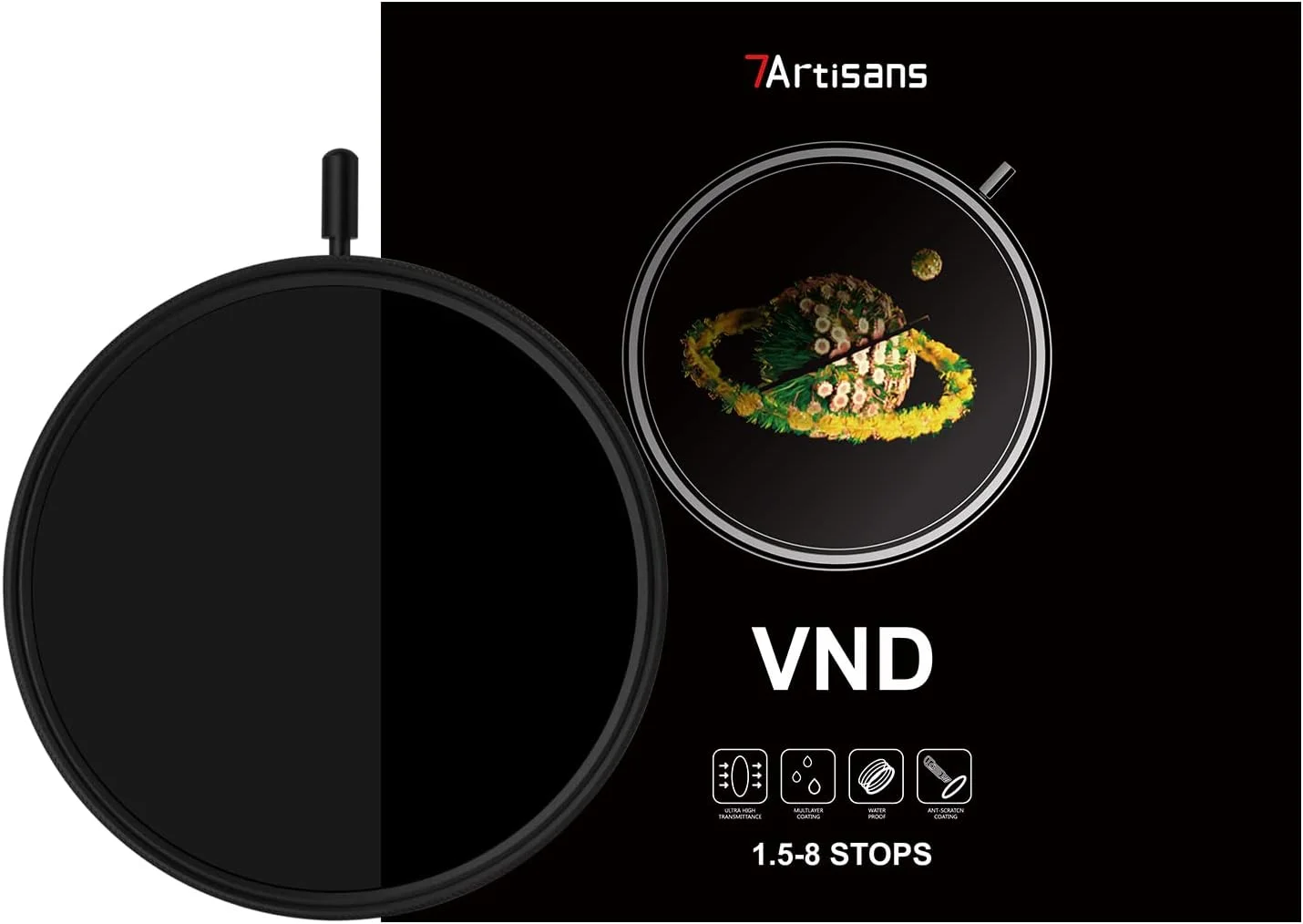 فیلتر ND متغیر 7artisans [ND2/4/8/16/32/64] 1.5-8 استاپ شیشه AGC وارداتی قابل تنظیم [58/62/67/72/77/82mm] فیلتر ویدیو فیلتر تراکم خنثی پرتره برای لنزهای دوربین (VND-72mm)