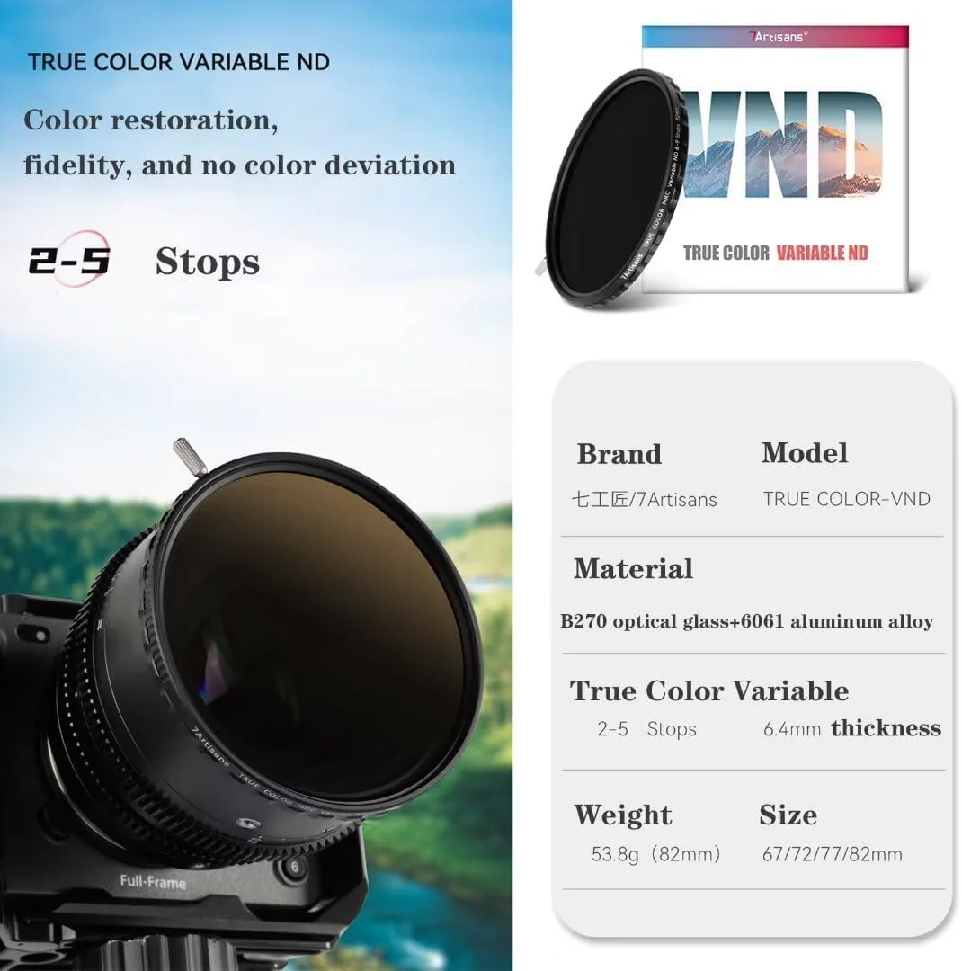 7artisans 82mm True Color VND (2-5 Stops) Variable Neutral Density Filter,Adjustable ND Filter Water Repellent and Scratch Resistant for Camera Lens