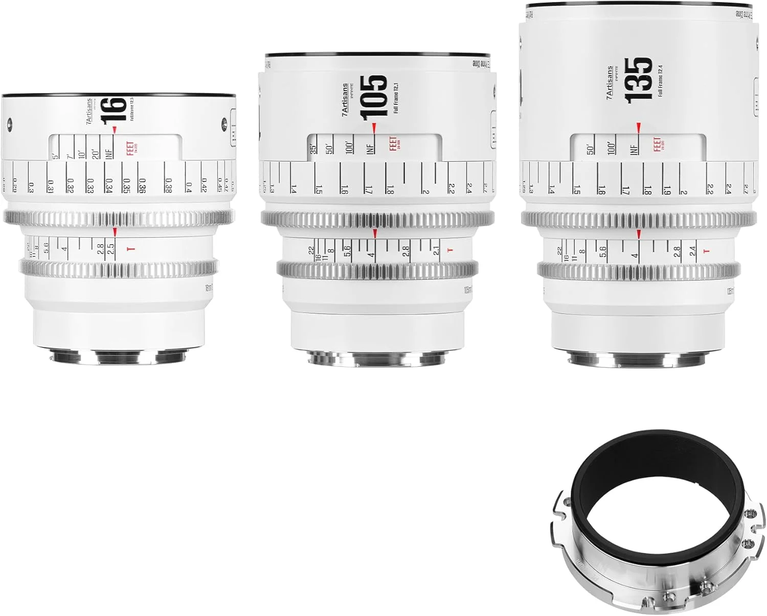 لنز سینمایی فول فریم دستی حرفه ای سری Infinte مدل 7artisans با مانت EF، 16mmT2.5/105mm T2.1/135mm T2.4، سفید