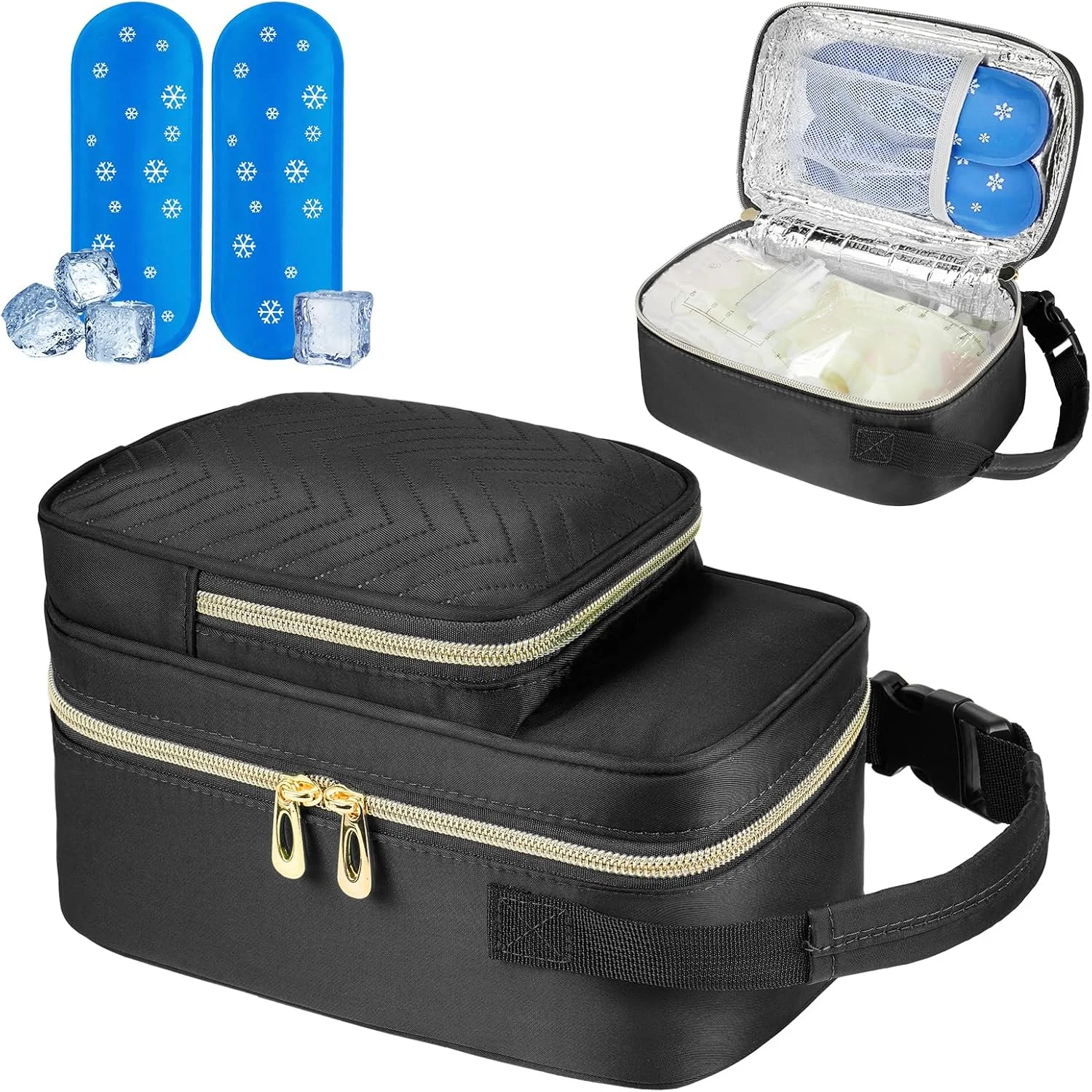 کیف خنک نگهدارنده شیر مادر ZIOZERTT با پد یخی، کیف خنک نگهدارنده قابل حمل شیر مادر با دسته سگکی، کیف خنک نگهدارنده عایق شیر مادر، مشکی