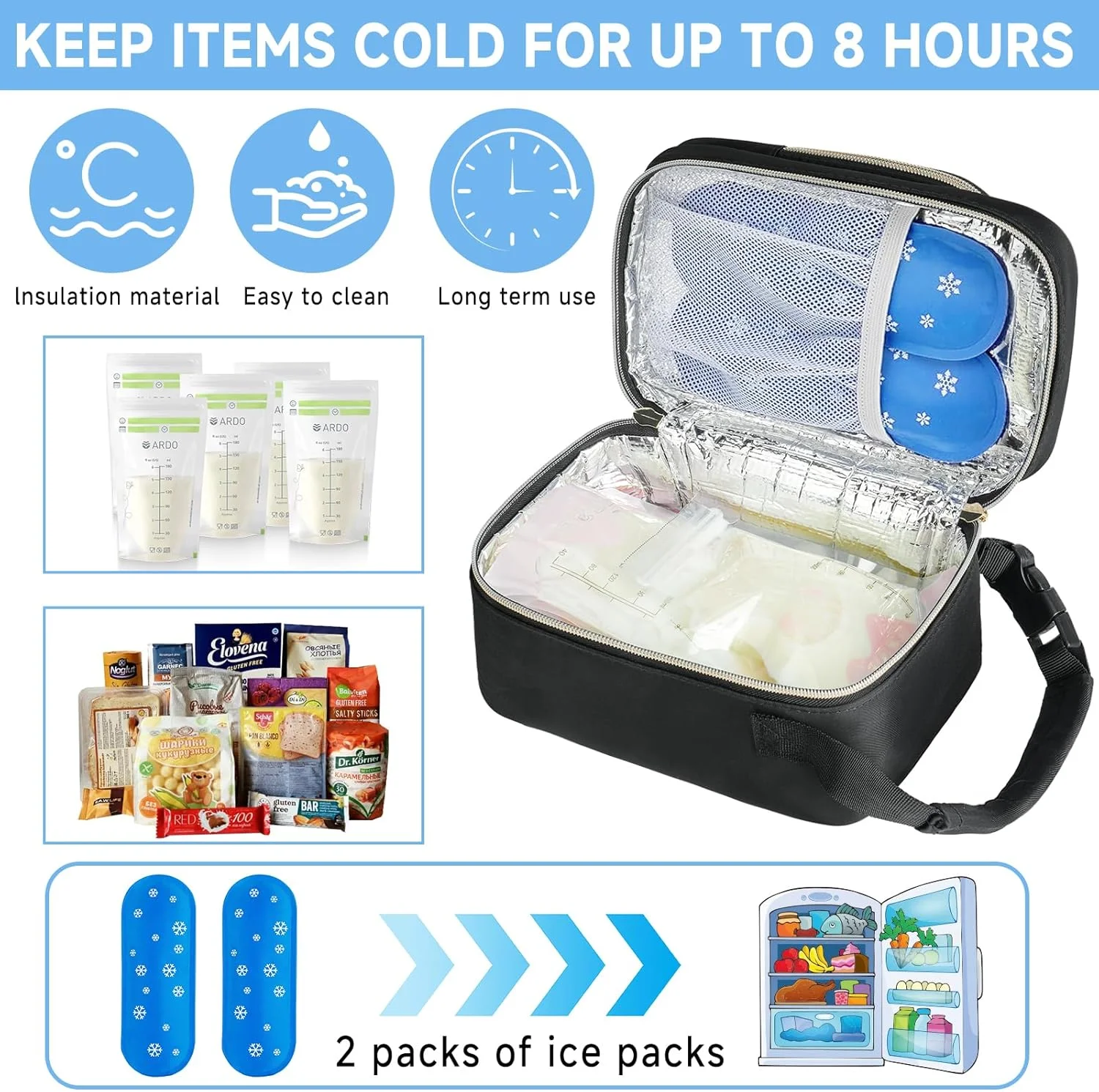 کیف خنک نگهدارنده شیر مادر ZIOZERTT با پد یخی، کیف خنک نگهدارنده قابل حمل شیر مادر با دسته سگکی، کیف خنک نگهدارنده عایق شیر مادر، مشکی