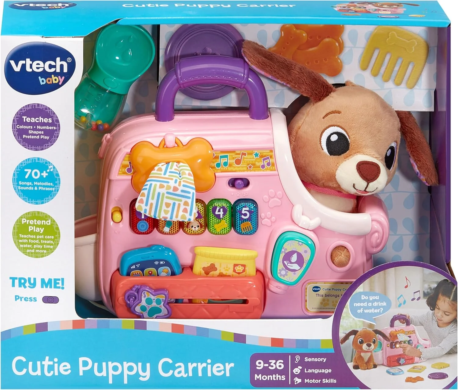 اسباب بازی کیت مراقبت از سگ وی تک مدل Cutie Puppy Carrier - اسباب بازی تعاملی نقش آفرینی به همراه 6 لوازم جانبی، دکمه های چراغ دار، موسیقی و عبارات | مناسب برای کودکان 9 تا 24 ماهه اسباب بازی کیت مراقبت از سگ وی تک مدل Cutie Puppy Carrier - اسباب بازی تعاملی نقش آفرینی به همراه 6 لوازم جانبی، دکمه های چراغ دار، موسیقی و عبارات | مناسب برای کودکان 9 تا 24 ماهه