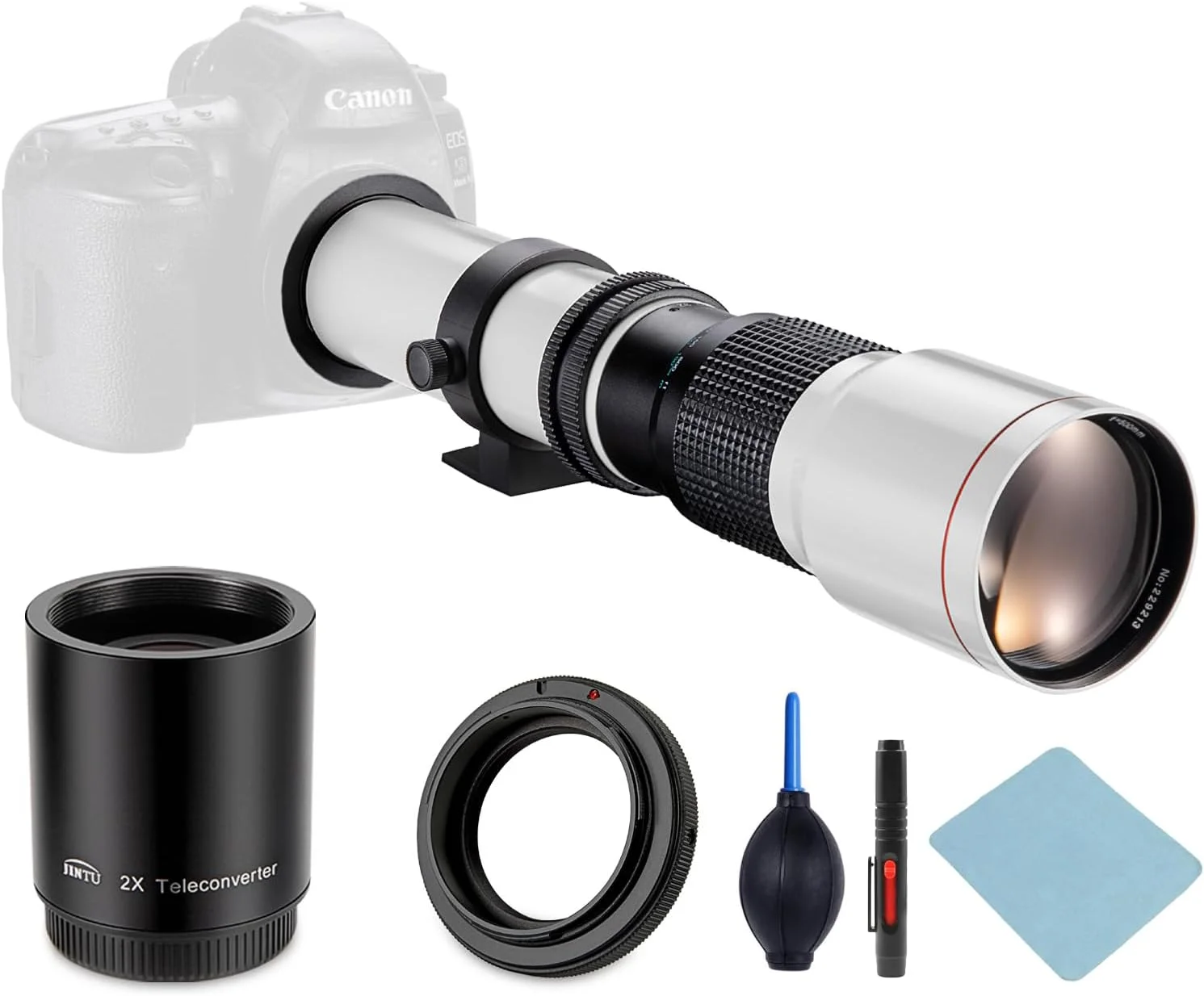 لنز تله فوتو دستی JINTU 500-1000mm f/8 + مانت T برای دوربین های Canon EOS Rebel SL2 SL1 T3 T3i T4i T5 T5i T6 T6i T6s T7 T7i 4000D 6D 7D 60D 70D 77D 80D 5D II/III/IV 550D 650D SLR