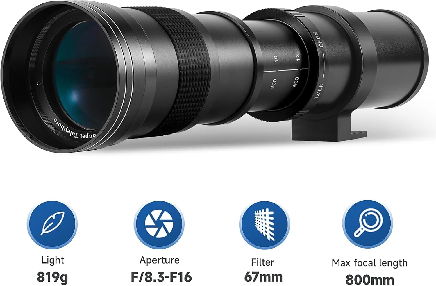 لنز دوربین تله فوتو آینه ای دستی JINTU 420-800mm f/8.3 سازگار با مانت Canon EF-M مدل های M, M2, M3, M5, M6, M10, M100, M50, M200 (مشکی)