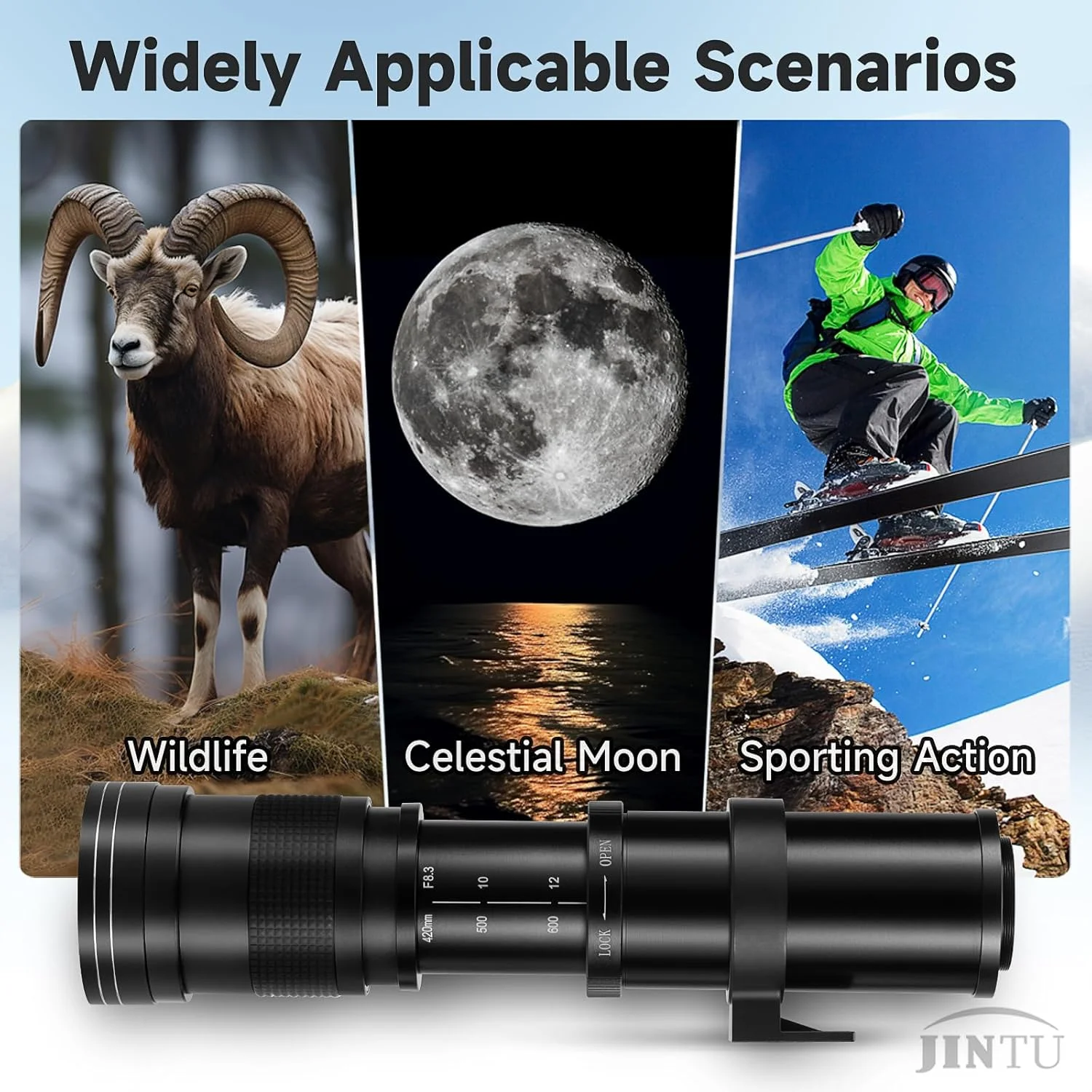 لنز دوربین تله فوتو آینه ای دستی JINTU 420-800mm f/8.3 سازگار با مانت Canon EF-M مدل های M, M2, M3, M5, M6, M10, M100, M50, M200 (مشکی)