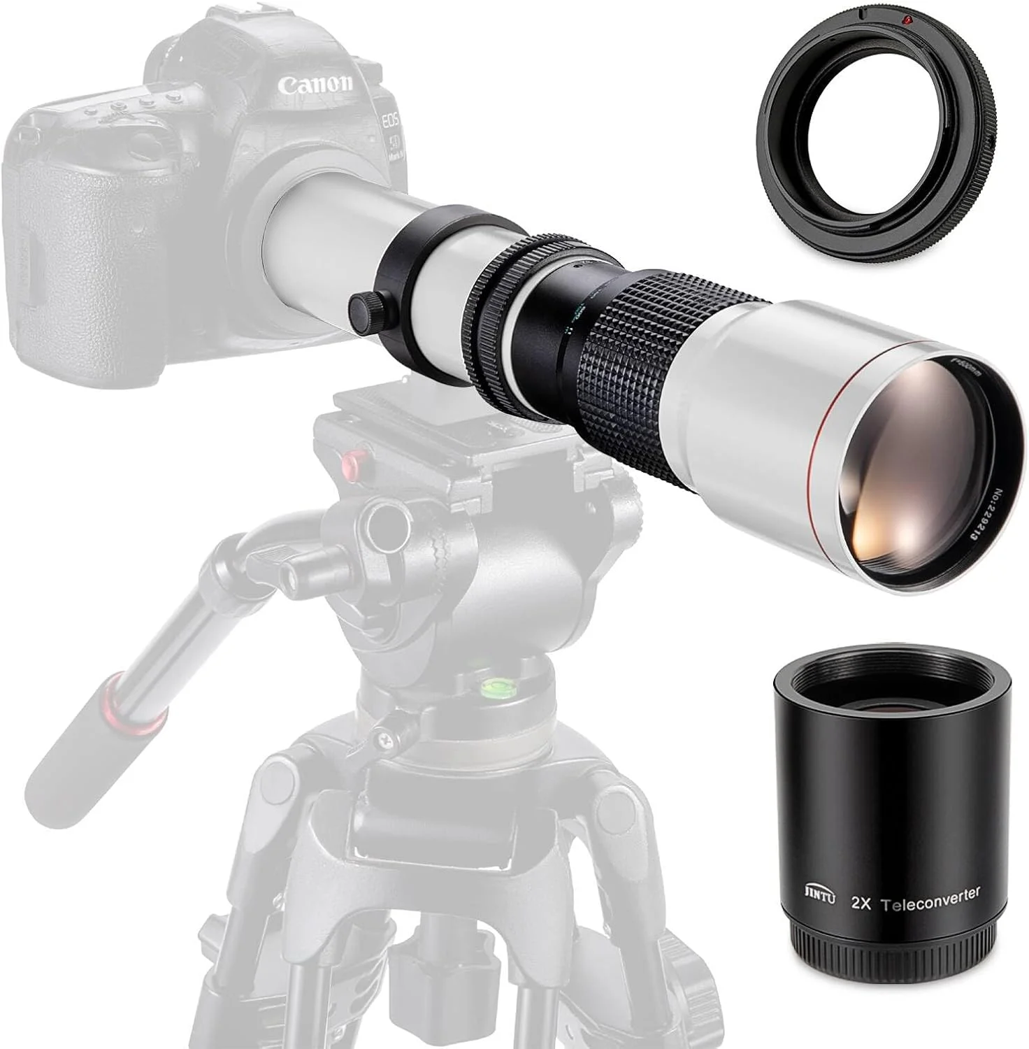 لنز تله فوتو دستی JINTU 500-1000mm f/8 + مانت T برای دوربین های Canon EOS Rebel SL2 SL1 T3 T3i T4i T5 T5i T6 T6i T6s T7 T7i 4000D 6D 7D 60D 70D 77D 80D 5D II/III/IV 550D 650D SLR