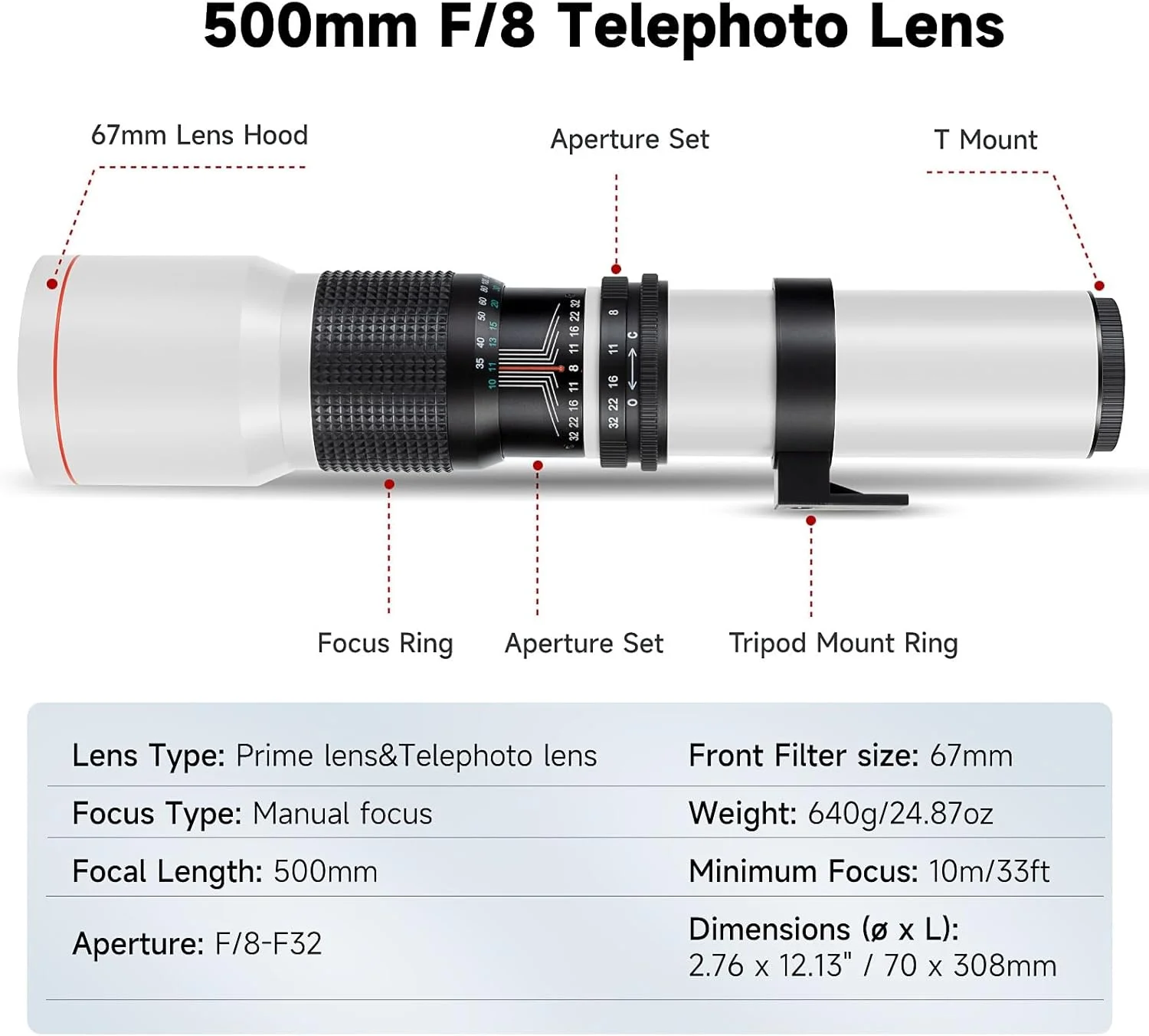 لنز تله فوتو دستی JINTU 500-1000mm f/8 + مانت T برای دوربین های Canon EOS Rebel SL2 SL1 T3 T3i T4i T5 T5i T6 T6i T6s T7 T7i 4000D 6D 7D 60D 70D 77D 80D 5D II/III/IV 550D 650D SLR