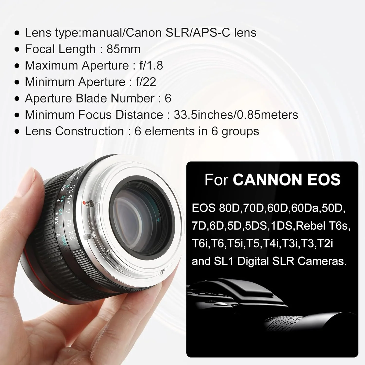 لنز دوربین JINTU 85mm F1.8 با مانت EF، لنز پرتره دستی برای Canon EOS T7I T7 T8i T6 T5 T3i T2i XT T1I T4I 4000D 2000D 850D 800D 600D 650D 90D 80D 5D IV, 6D II SLR فلزی مشکی