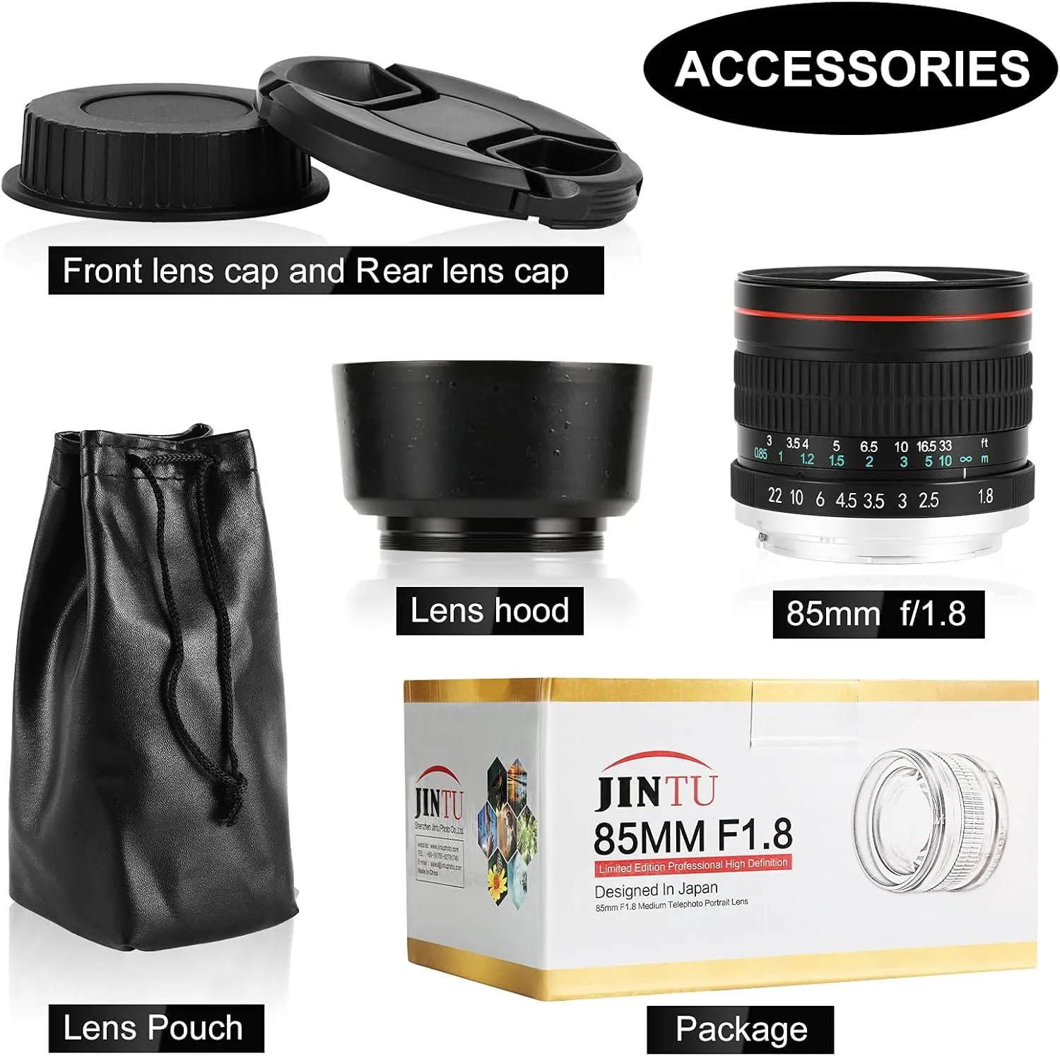 لنز دوربین JINTU 85mm F1.8 با مانت EF، لنز پرتره دستی برای Canon EOS T7I T7 T8i T6 T5 T3i T2i XT T1I T4I 4000D 2000D 850D 800D 600D 650D 90D 80D 5D IV, 6D II SLR فلزی مشکی