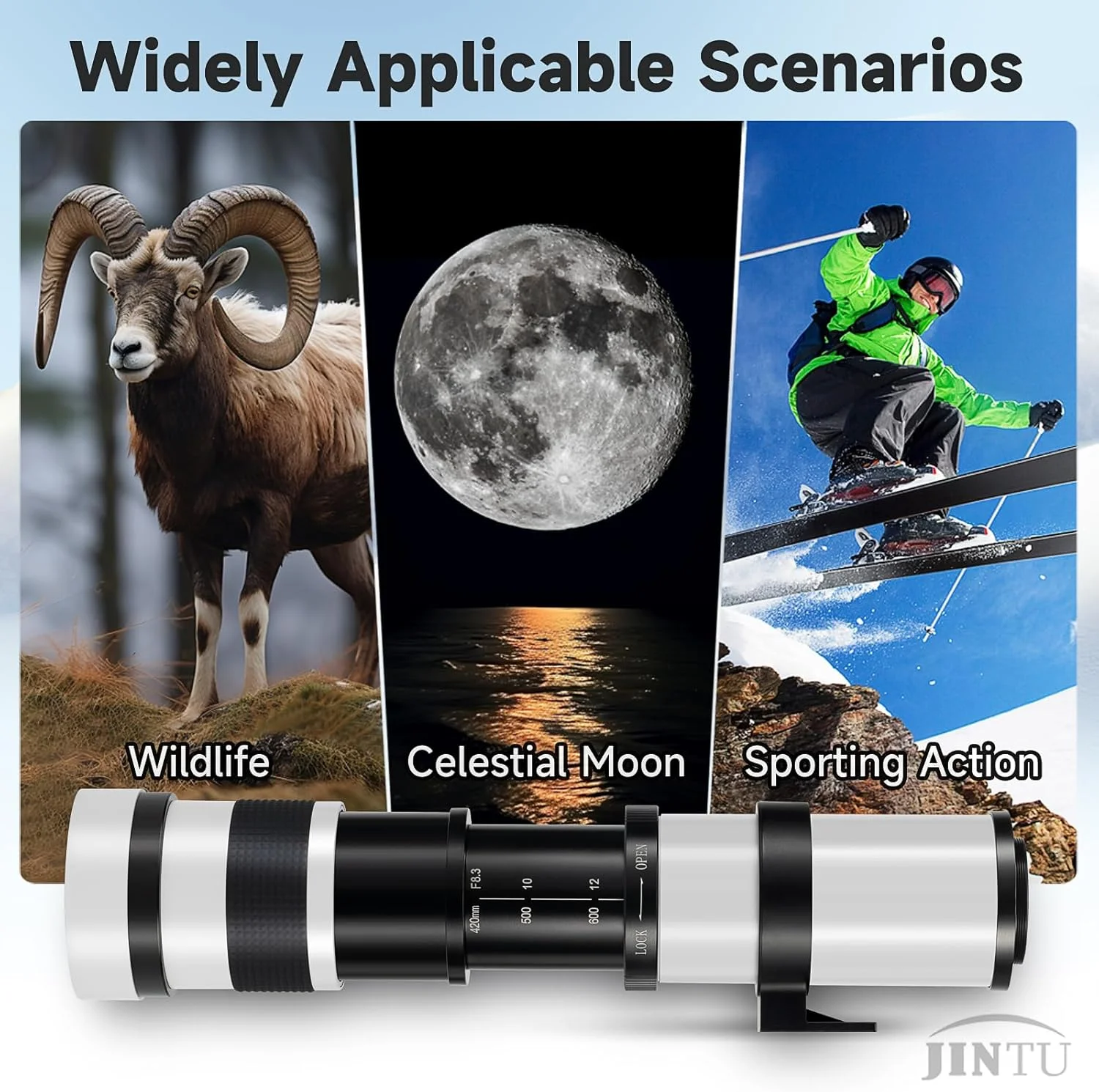 لنز تله فوتو زوم دستی JINTU 420-1600mm f/8.3 HD برای دوربین های SLR کانن نیکون 4000D 2000D T7 T7i T6 T6i T5 T5i 80D 77D 650D 70D 60D 50D 5D D5600 D5500 D3100 D3200 D3300 D3400 D90 D5200 D7500