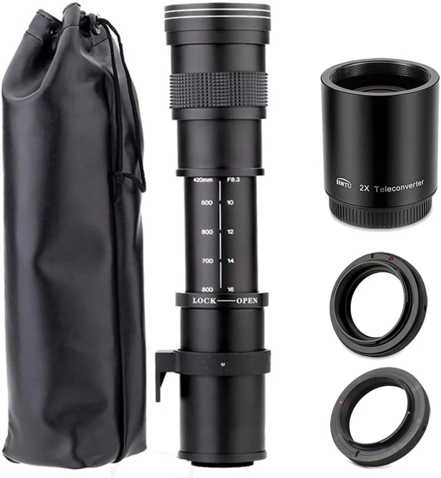 لنز زوم تله فوتو دستی JINTU 420-1600mm f/8.3 HD برای دوربین های کانن نیکون SLR مدل های 4000D 2000D T7 T7i T6 T6i T5 T5i 80D 77D 650D 60D 50D 5D D5600 D5500 D3100 D3200 D3300 D3400 D90 D5200 D7500