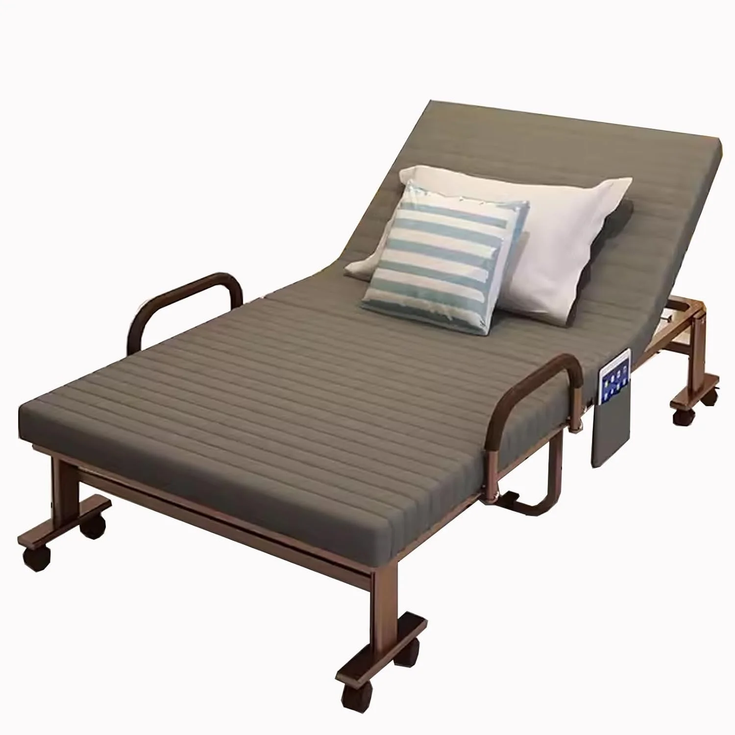 تخت تاشو با تشک برای بزرگسالان، تخت تاشو با قاب فولادی، دارای جیب های جانبی و دسته، تنظیم چند حالته با چرخ، تخت مهمان قابل حمل (خاکستری)