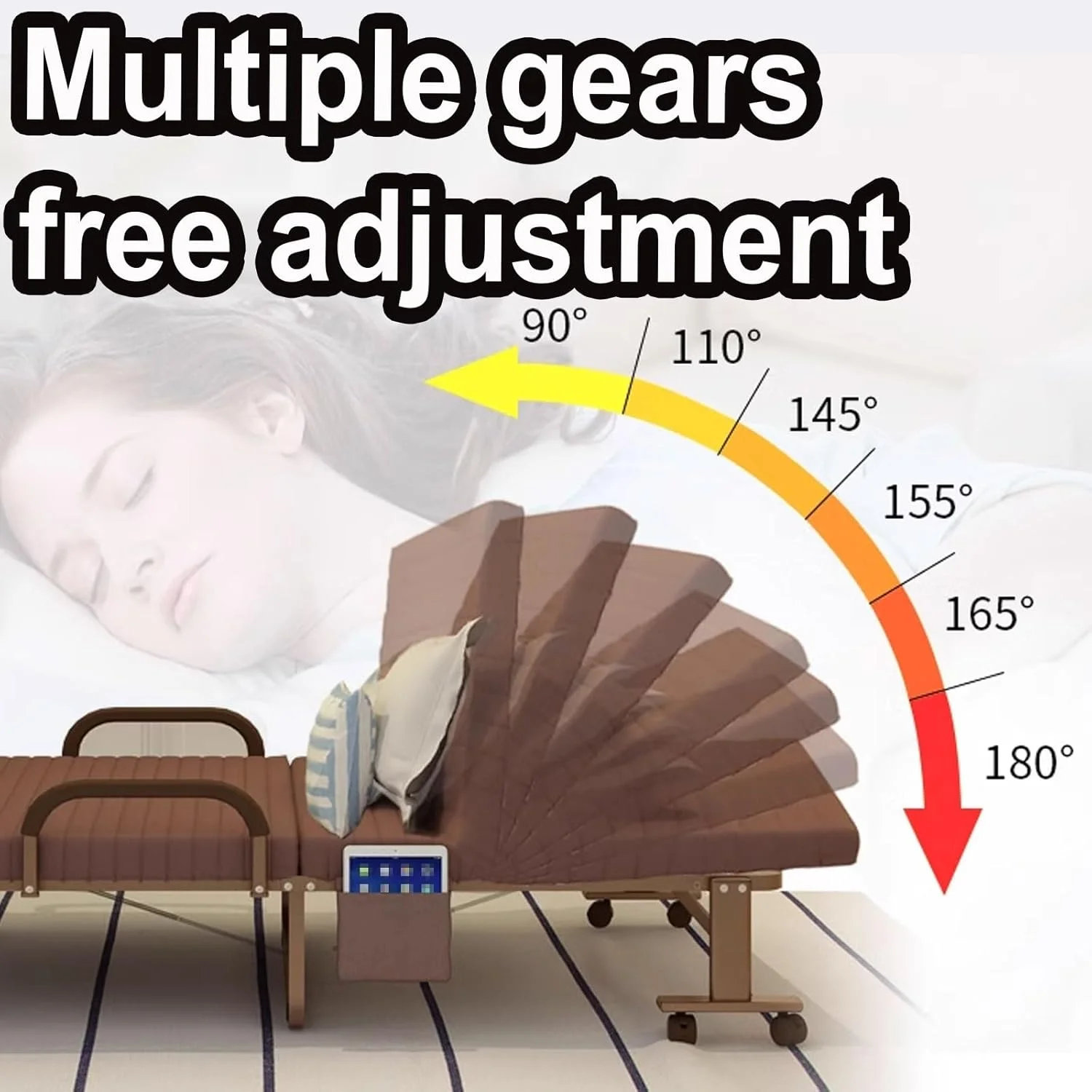 تخت تاشو با تشک برای بزرگسالان، تخت تاشو با قاب فولادی، دارای جیب های جانبی و دسته، تنظیم چند حالته با چرخ، تخت مهمان قابل حمل (خاکستری)