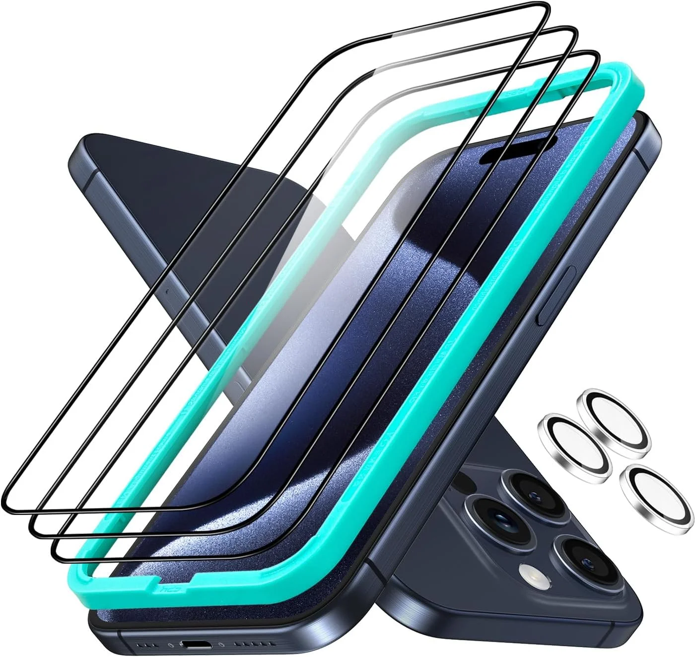 محافظ صفحه نمایش Armorite ESR برای آیفون 15 پرو، بسته 3 عددی به همراه 1 مجموعه محافظ لنز دوربین تکی، شیشه حرارت دیده فوق العاده سخت، مقاومت در برابر ضربه 50 کیلوگرمی، قاب نصب آسان