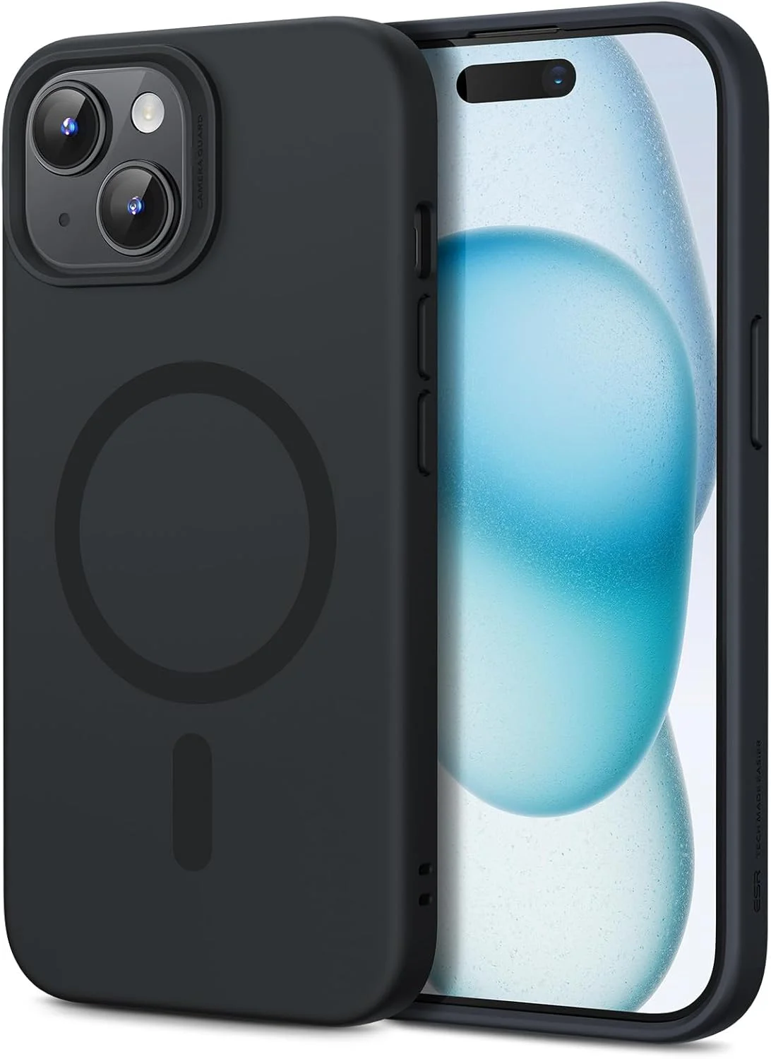 قاب محافظ سیلیکونی آیفون 15 ای اس آر با MagSafe، پشتیبانی از شارژ مغناطیسی، باریک، جذب کننده ضربه، محافظ صفحه نمایش و دوربین، سری Cloud، مشکی