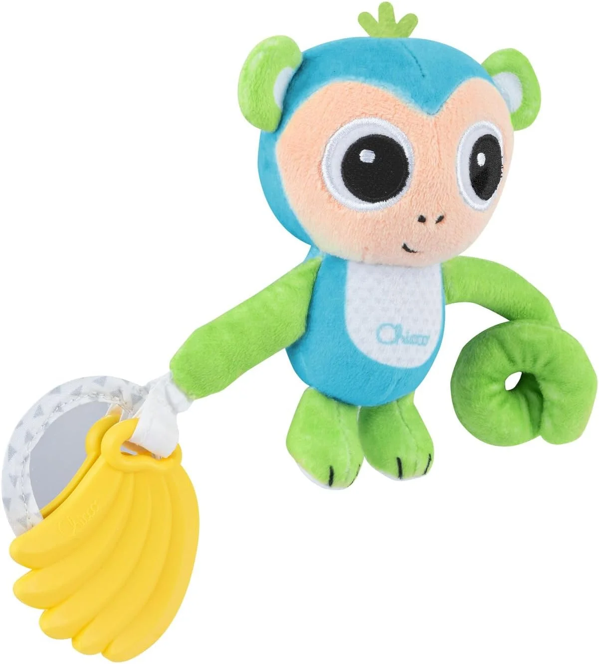 Chicco Portable Monkey Rattle, Cute Little Monkey Rattle with Long Arm and Elastic Strap for Attaching to Stroller or Car Seat with Teether and Mirror, Children's Game, 3-24 Months