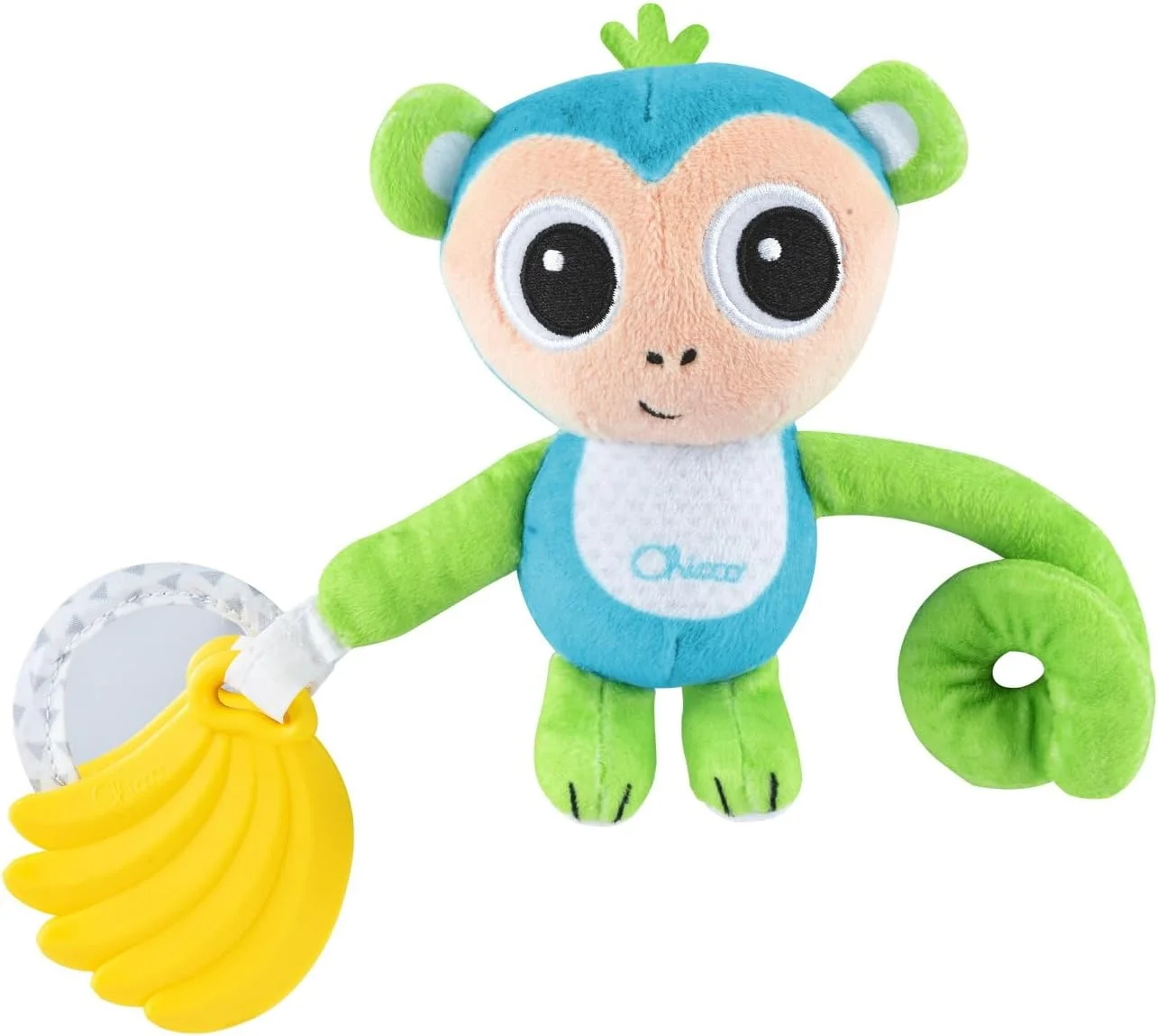 Chicco Portable Monkey Rattle, Cute Little Monkey Rattle with Long Arm and Elastic Strap for Attaching to Stroller or Car Seat with Teether and Mirror, Children's Game, 3-24 Months