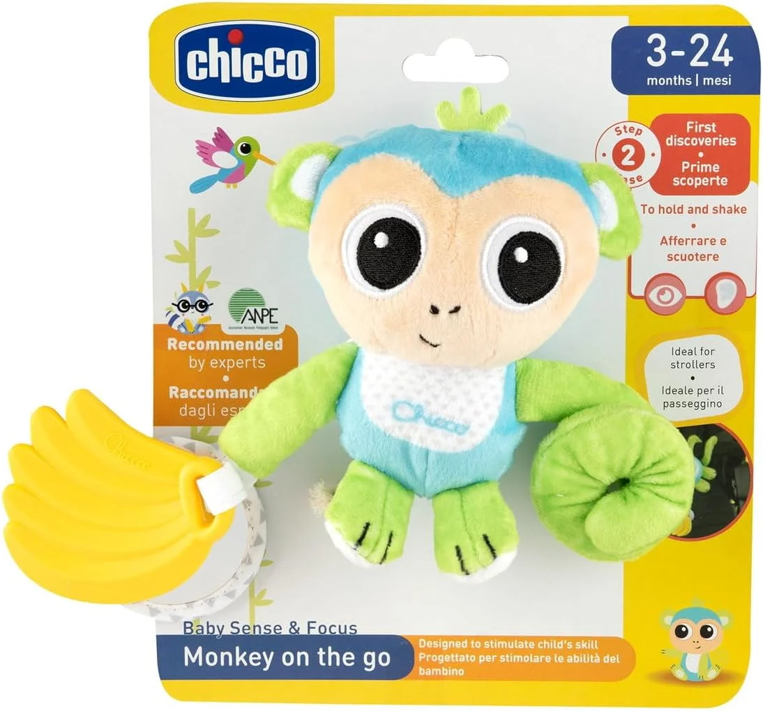 Chicco Portable Monkey Rattle, Cute Little Monkey Rattle with Long Arm and Elastic Strap for Attaching to Stroller or Car Seat with Teether and Mirror, Children's Game, 3-24 Months