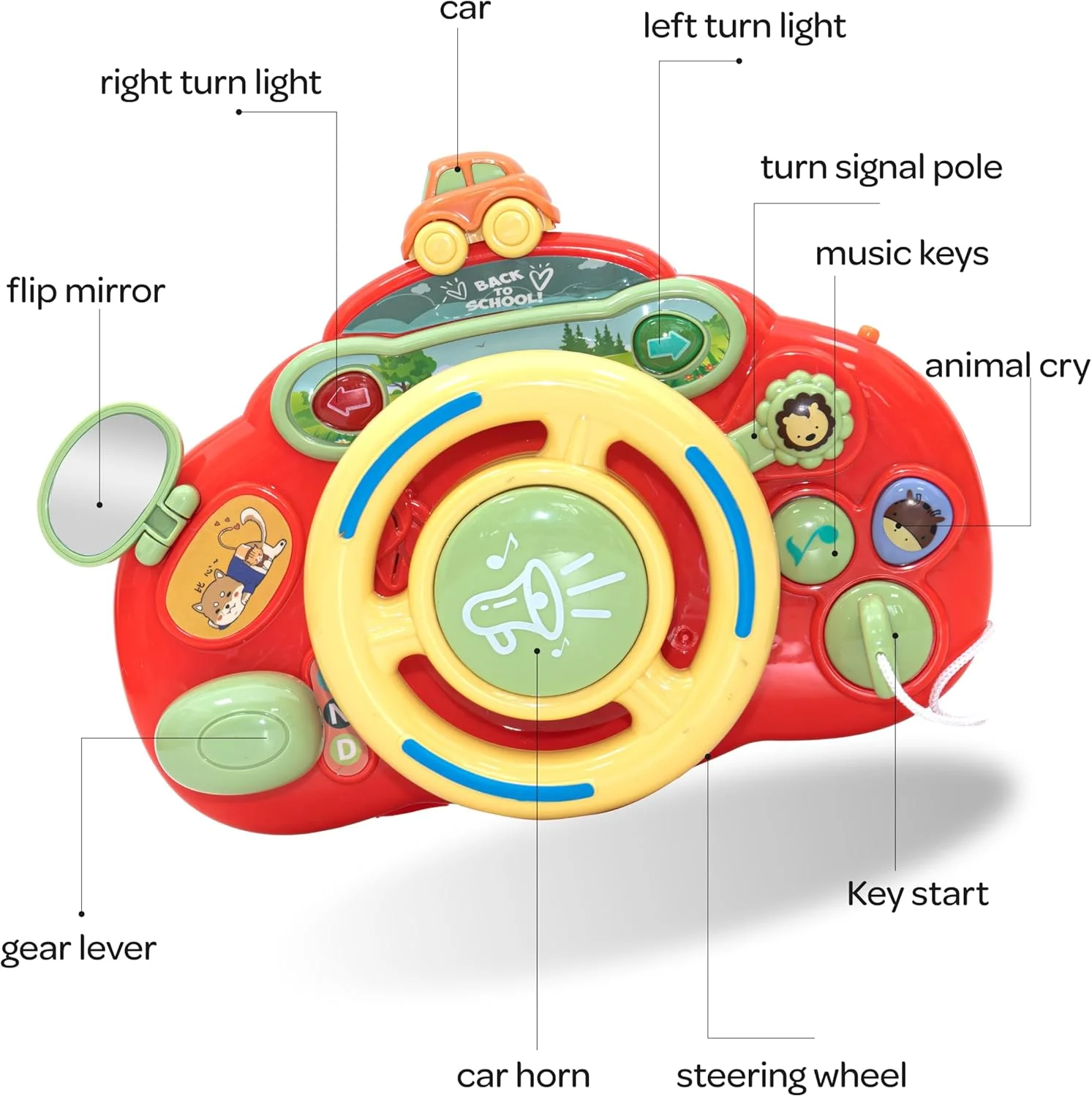 اسباب بازی فرمان کودک برند مون برای پسران و دختران - اسباب بازی تعاملی با صداهای واقعی - ایده آل برای صندلی ماشین، کالسکه و تخت نوزاد - برای 18 ماه به بالا - چند رنگ