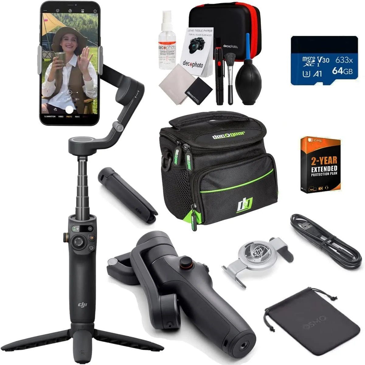 لرزشگیر موبایل DJI Osmo Mobile 6 (مشکی) به همراه کیف دوربین کوچک Deco Gear، کارت حافظه Lexar 64GB و کیت تمیز کننده