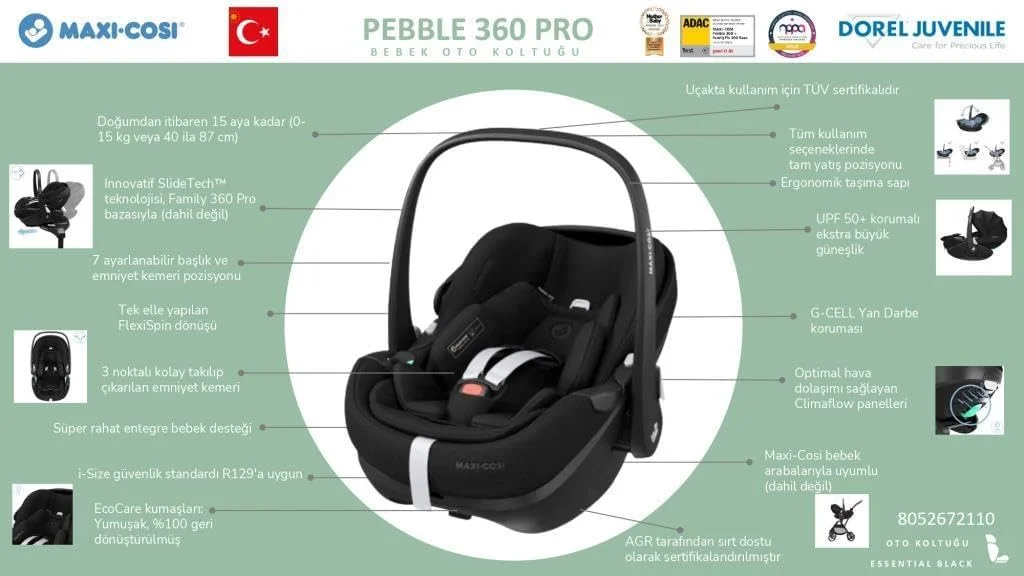 Maxi-Cosi Pebble 360 Pro Infant Car Seat, Innovative SlideTech Technology, Fully lie-flat Position, Easy-in Harness, G-CELL Side Impact Protection, 0-15 Months, Essential Graphite, 2 Year Warranty Maxi-Cosi Pebble 360 Pro Infant Car Seat, Innovative SlideTech Technology, Fully lie-flat Position, Easy-in Harness, G-CELL Side Impact Protection, 0-15 Months, Essential Graphite, 2 Year Warranty