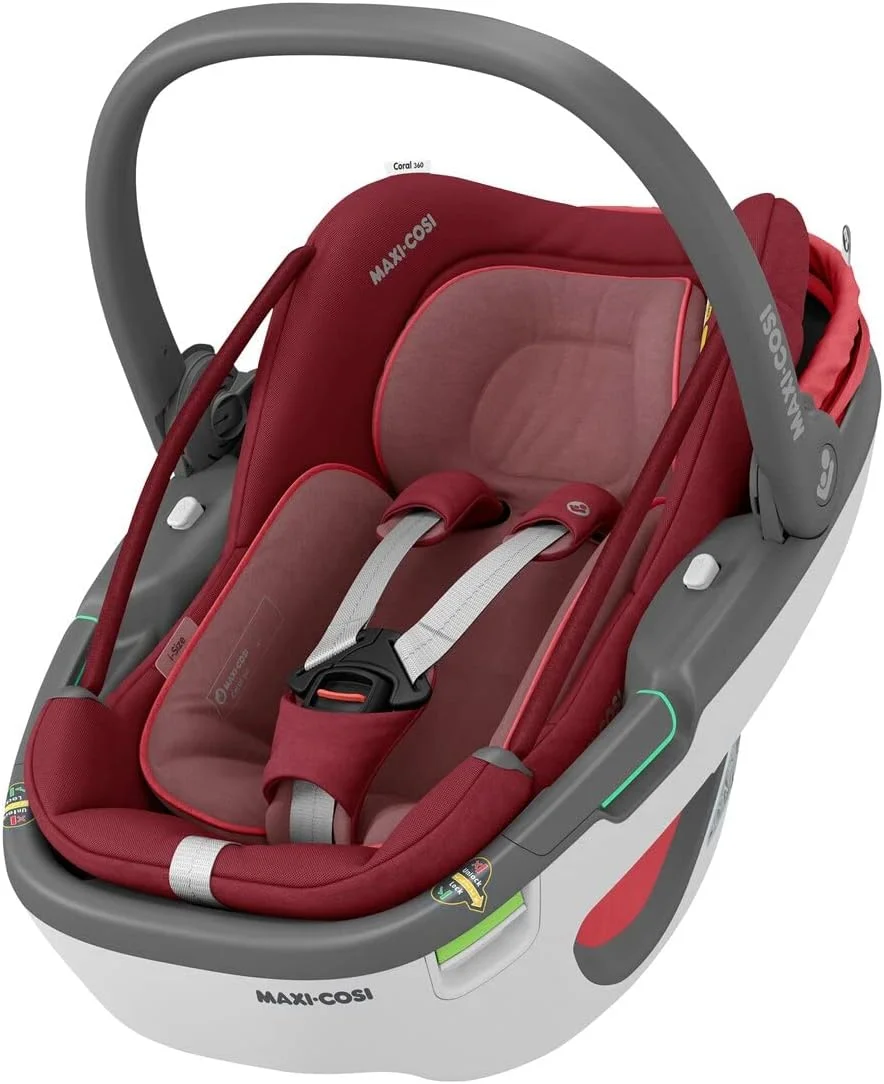 صندلی خودرو Maxi-Cosi Coral 360، حمل فوق العاده سبک، راه حل نوآورانه، چرخش بصری با یک دست Flexi Spin، سایبان آفتاب، ایمنی I-size، 0-12 ماه، قرمز ضروری