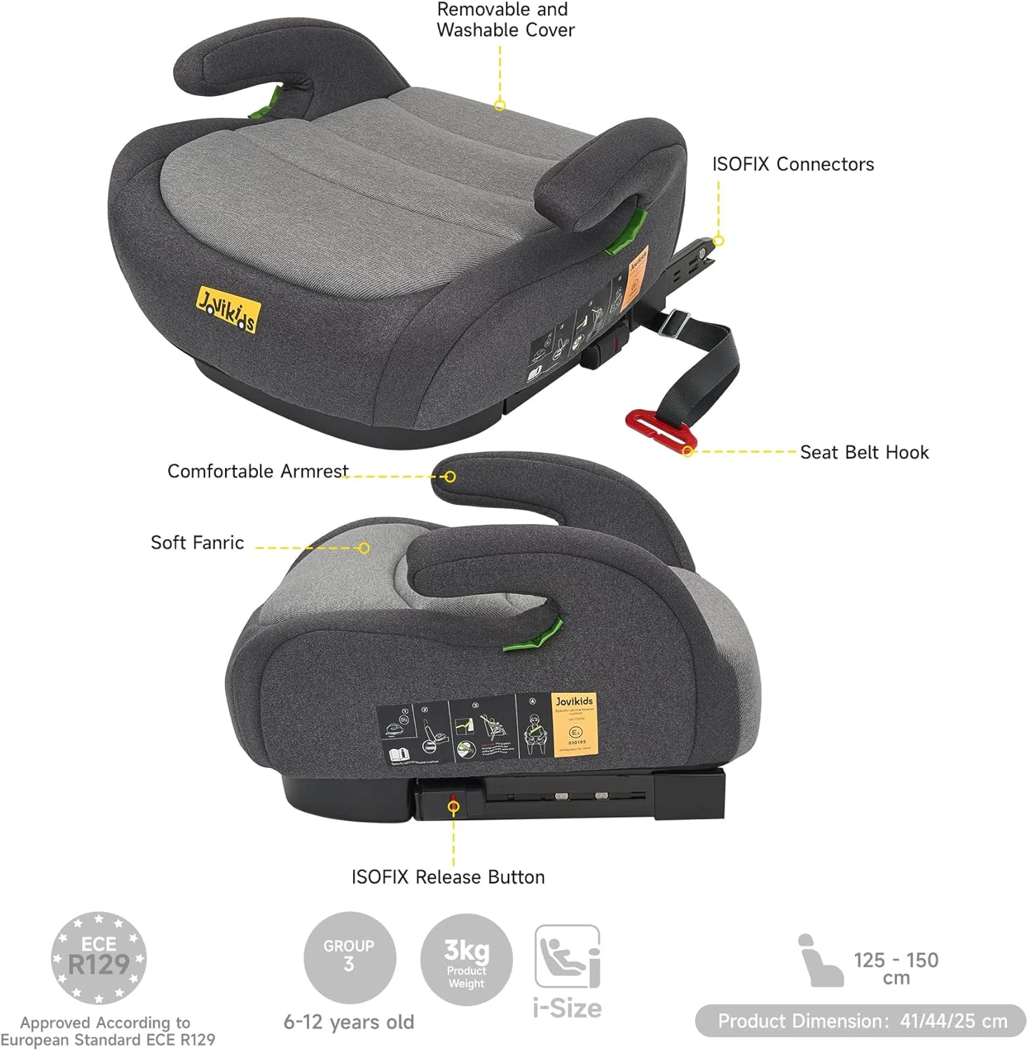 Jovikids I-Size Booster Seat for Car with ISOFIX, 125-150cm (Group 2/3, 6-12 Years), Portable Car Seats for Kids, Comfortable, Compact, Convenient for Everyday Use, Great for Travel, ECE R129, Black Jovikids I-Size Booster Seat for Car with ISOFIX, 125-150cm (Group 2/3, 6-12 Years), Portable Car Seats for Kids, Comfortable, Compact, Convenient for Everyday Use, Great for Travel, ECE R129, Black