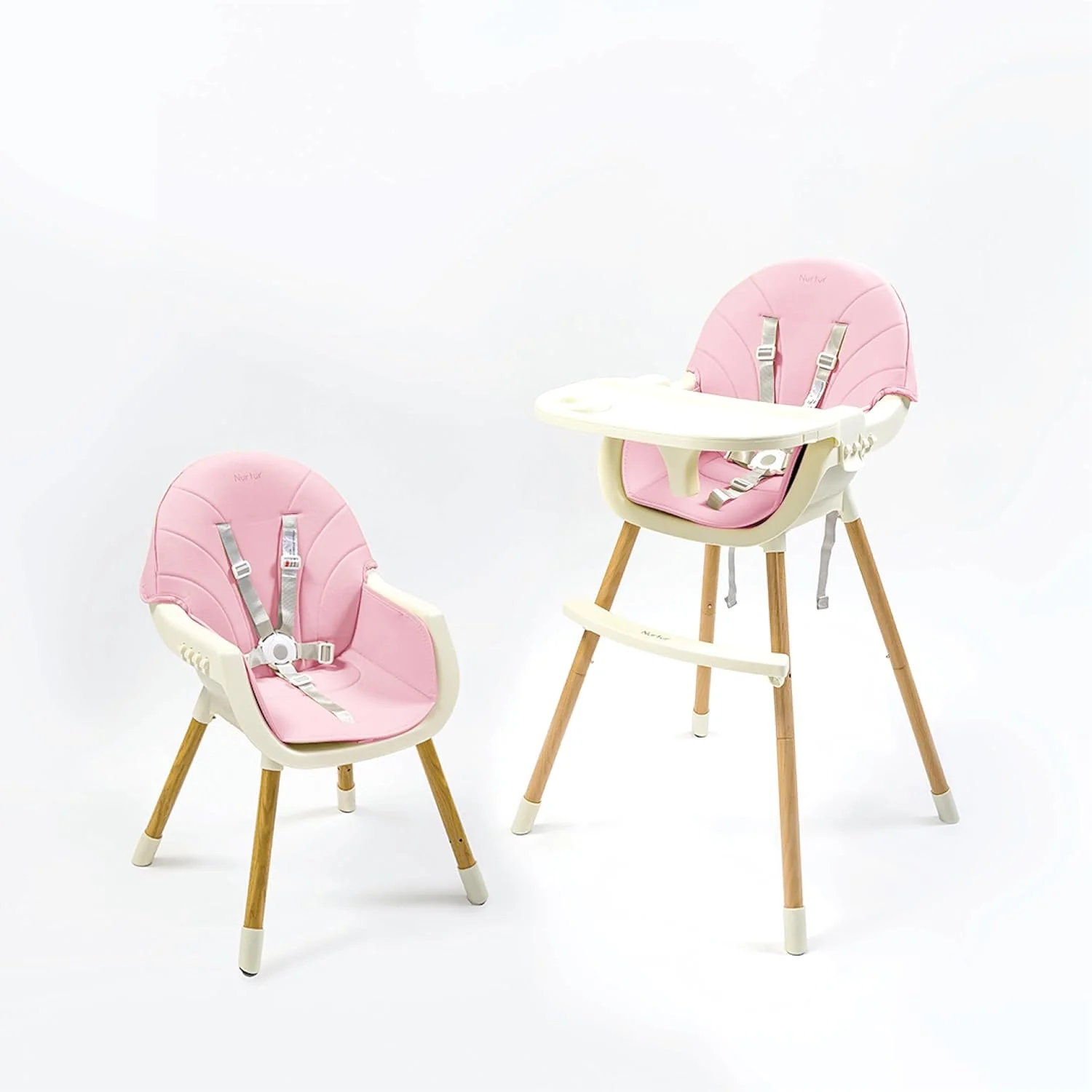 صندلی غذای کودک نورتور 2 در 1، ارتفاع قابل تنظیم، روکش چوبی، با کوسن نرم، سینی جداشدنی، دارای زیرپایی - صورتی